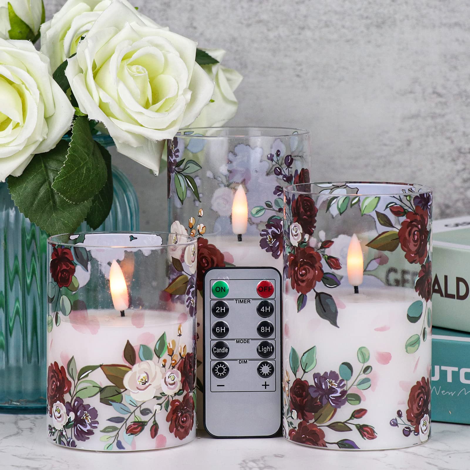 Dromance Battery Operated Glass Flameless Candles With Remote And Timer Real Wax 3D Wick Flickering Rose Led Pillar Candles Wedd