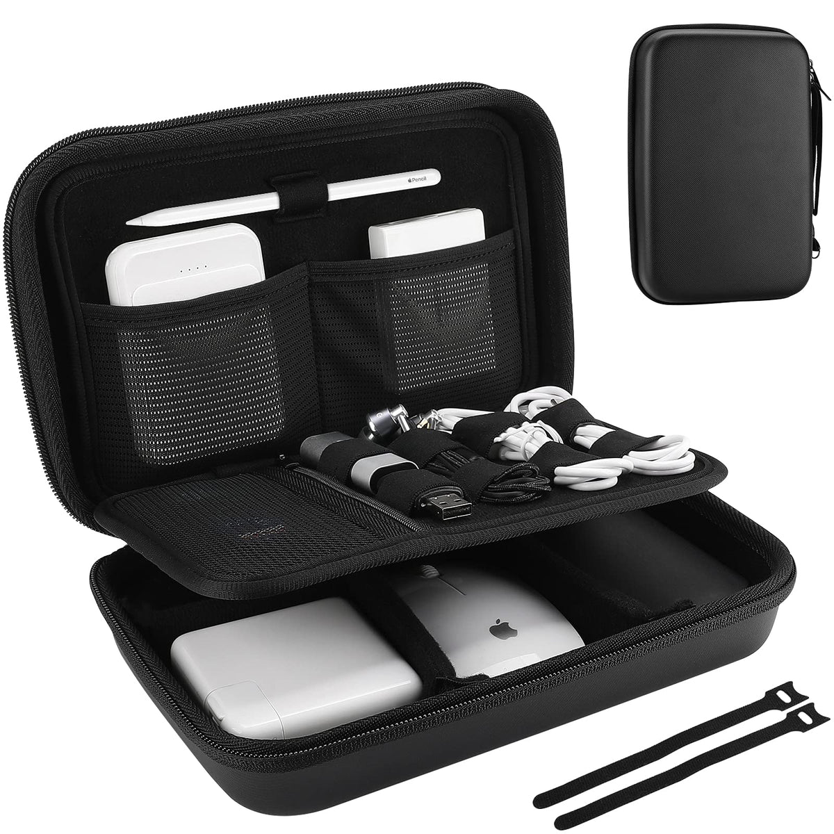 Procase Hard Travel Electronic Organizer Case For Macbook Power Adapter Chargers Cables Power Bank Apple Magic Mouse Apple Pencil Usb Flash Disk Sd Card Small Portable Accessories Bag  L, Black