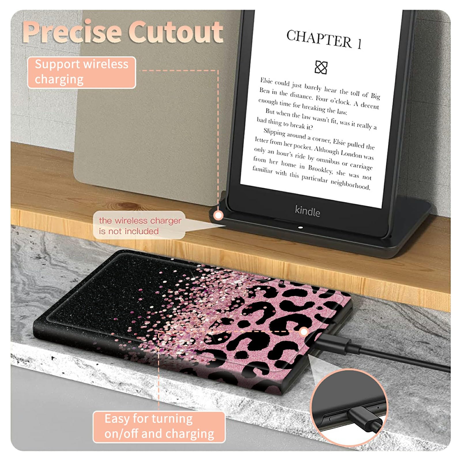 Pink Glitter Leopard Case For All New 6.8 Inch Kindle Paperwhite 11Th Generation 2021, Pu Leather Folding Stand Slim Case With A