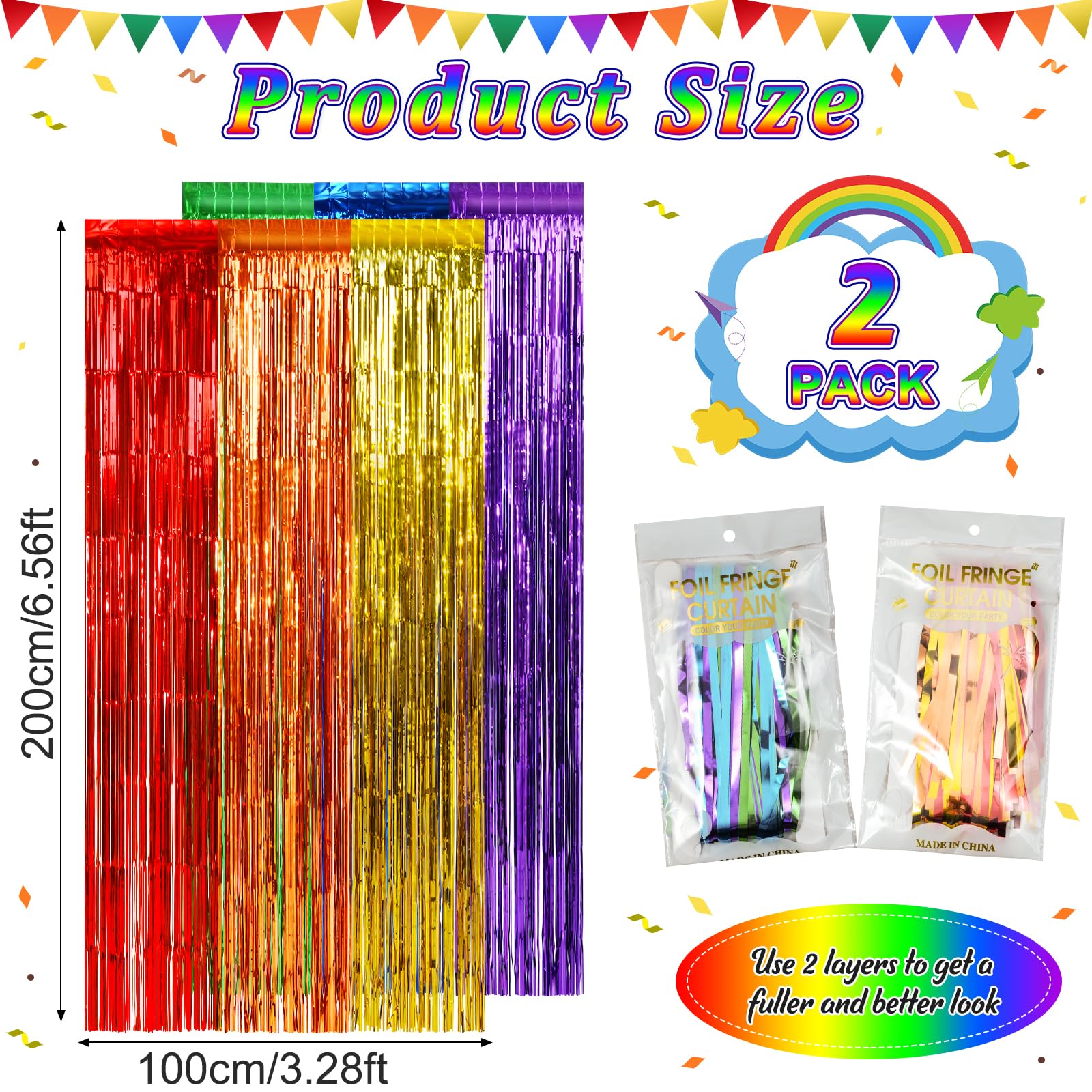 2Pack 3.3X6.6Ft Rainbow Foil Fringe Curtains Backdrop Decorations, Rainbow Metallic Tinsel Foil Streamers Curtain Photo Booth Ba