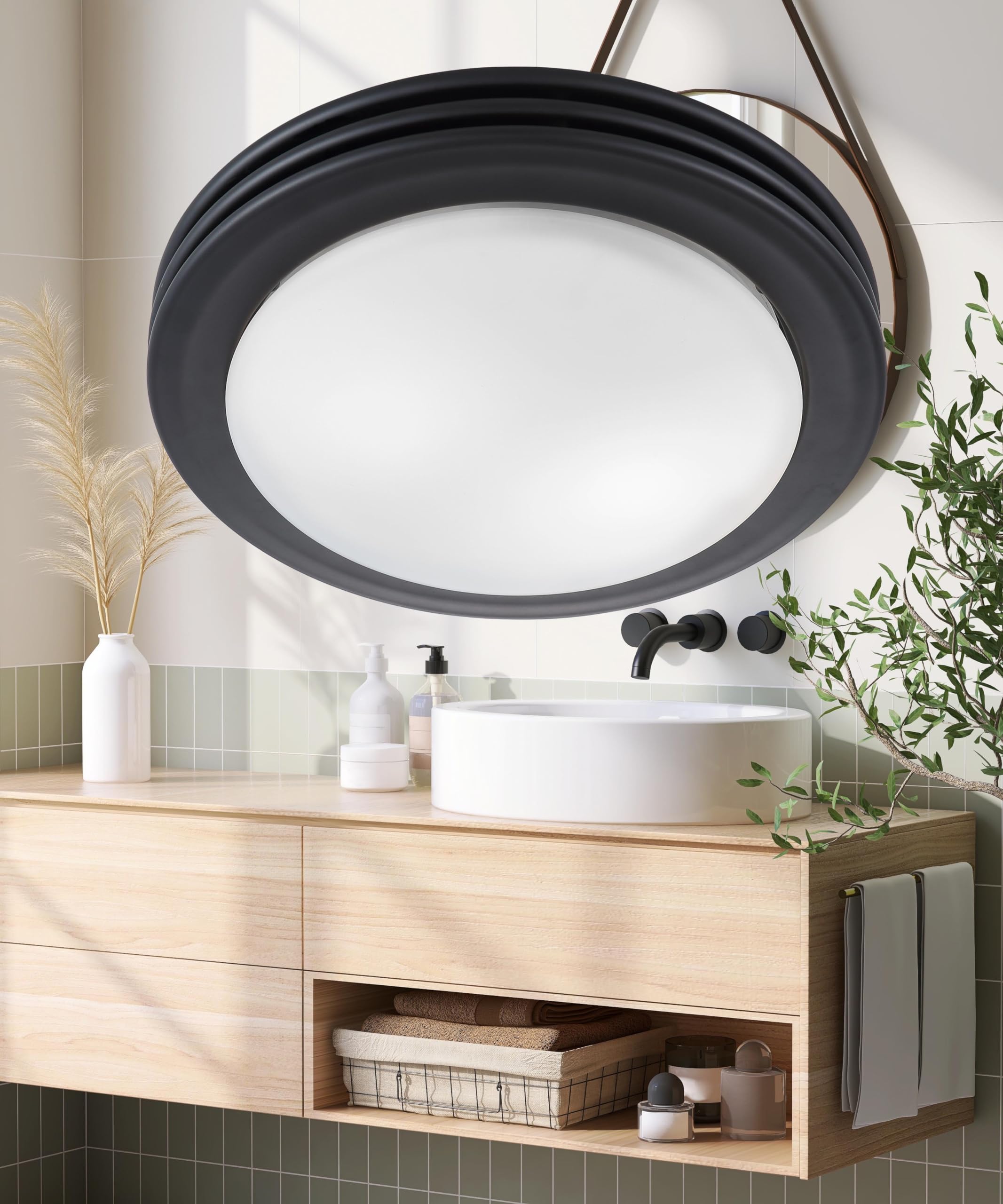 HUNTER Saturn Bathroom Ventilation Exhaust Fan & Light, 80 CFM, Matte Black, Model 90054z, Glass Material