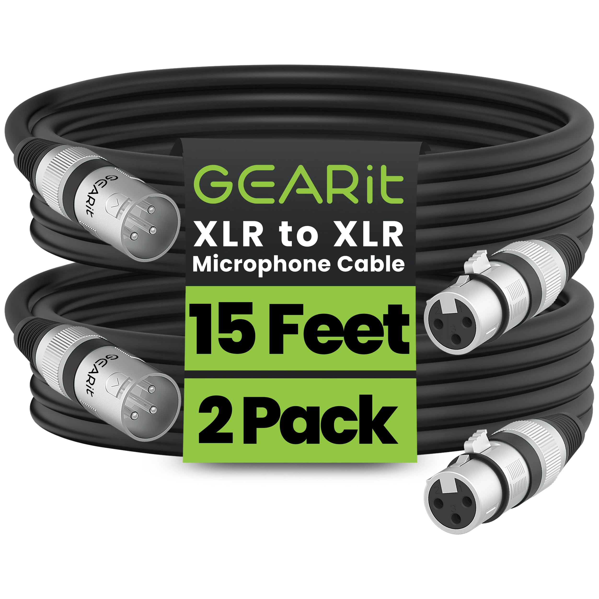 GEARit XLR Male to Female Microphone Cable (15 Feet, 2-Pack) 3-Pin Balanced Shielded Mixer, Recording Studio, Podcast - Black