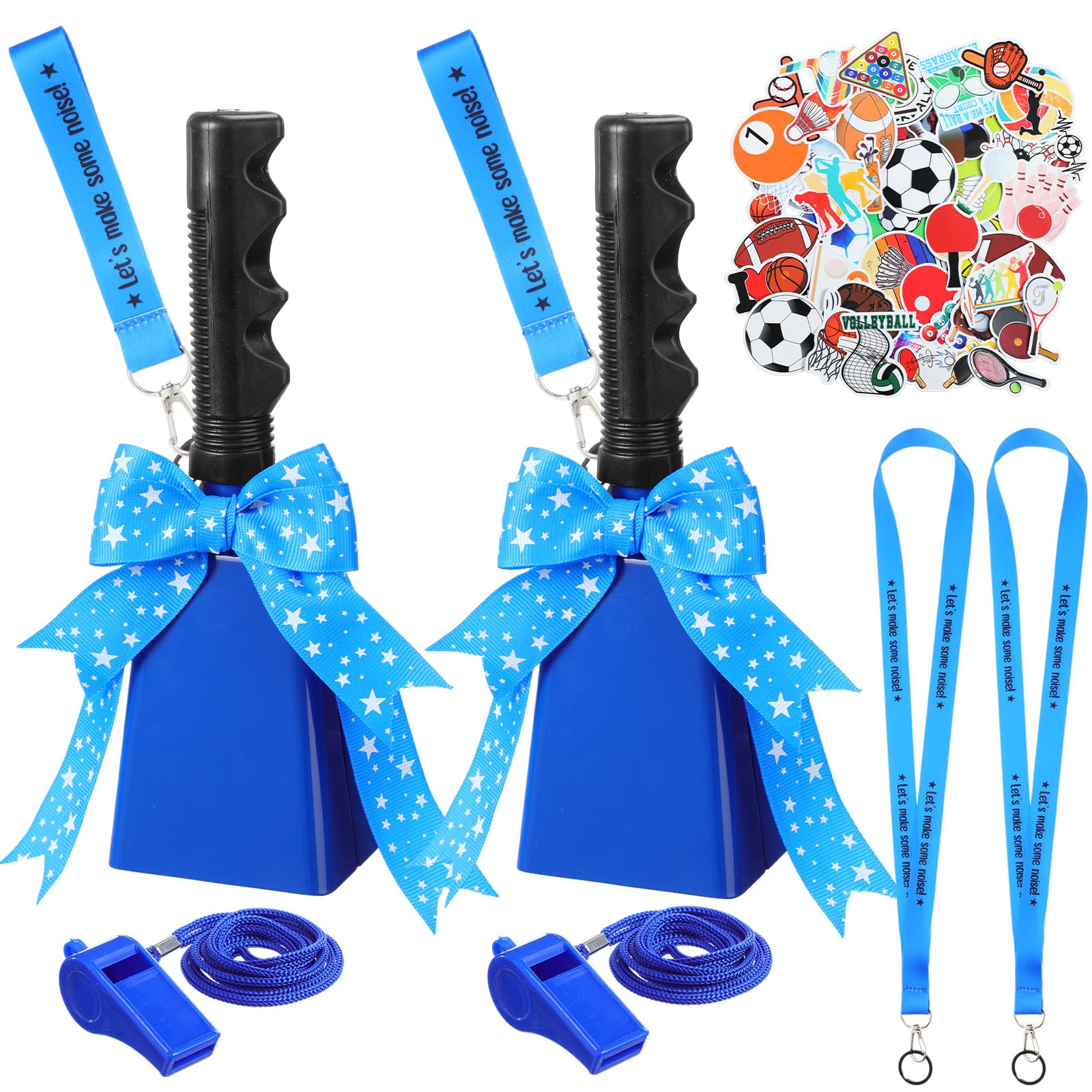 Treela 2 Pack 10 Inch Cowbells with Handle, Loud Noise Makers for Sporting Events Football Games, Complete Cheering Kit with 50 