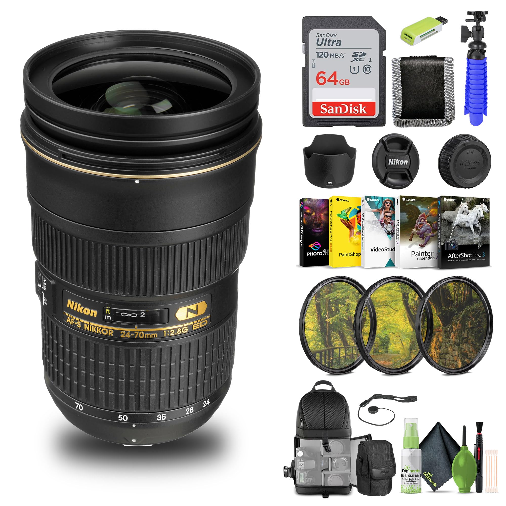 Nikon AF-S NIKKOR 24-70mm f/2.8G ED Lens (2164) + 64GB Memory Card + Filter Kit + Backpack + Card Reader + Corel Photo Software 