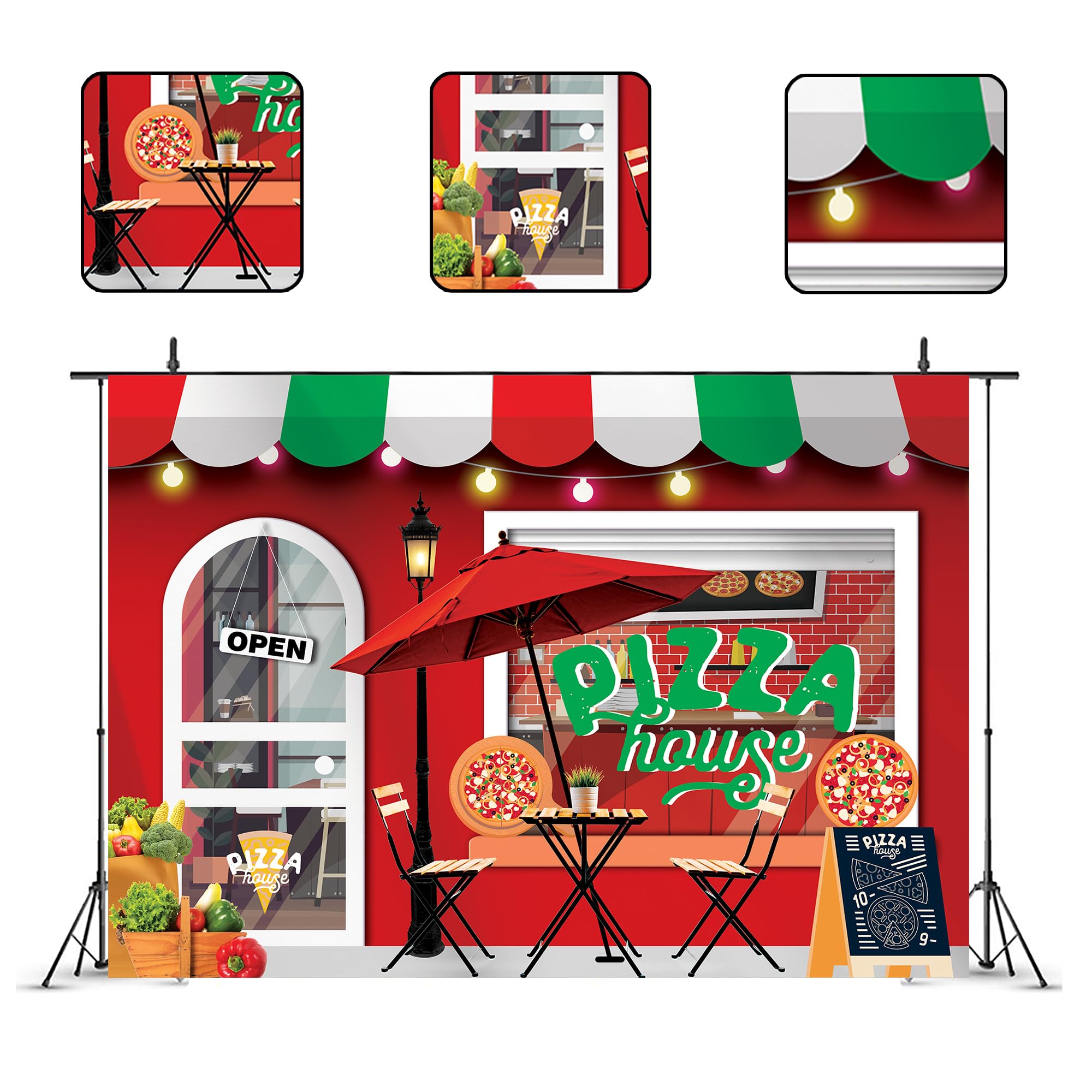 Glawry Pizza Shop Backdrop 7Wx5H Feet Kids Vegetables Fruits Boys Girls Cooking Theme Vintage Pizzeria Shop Party Birthday Baby
