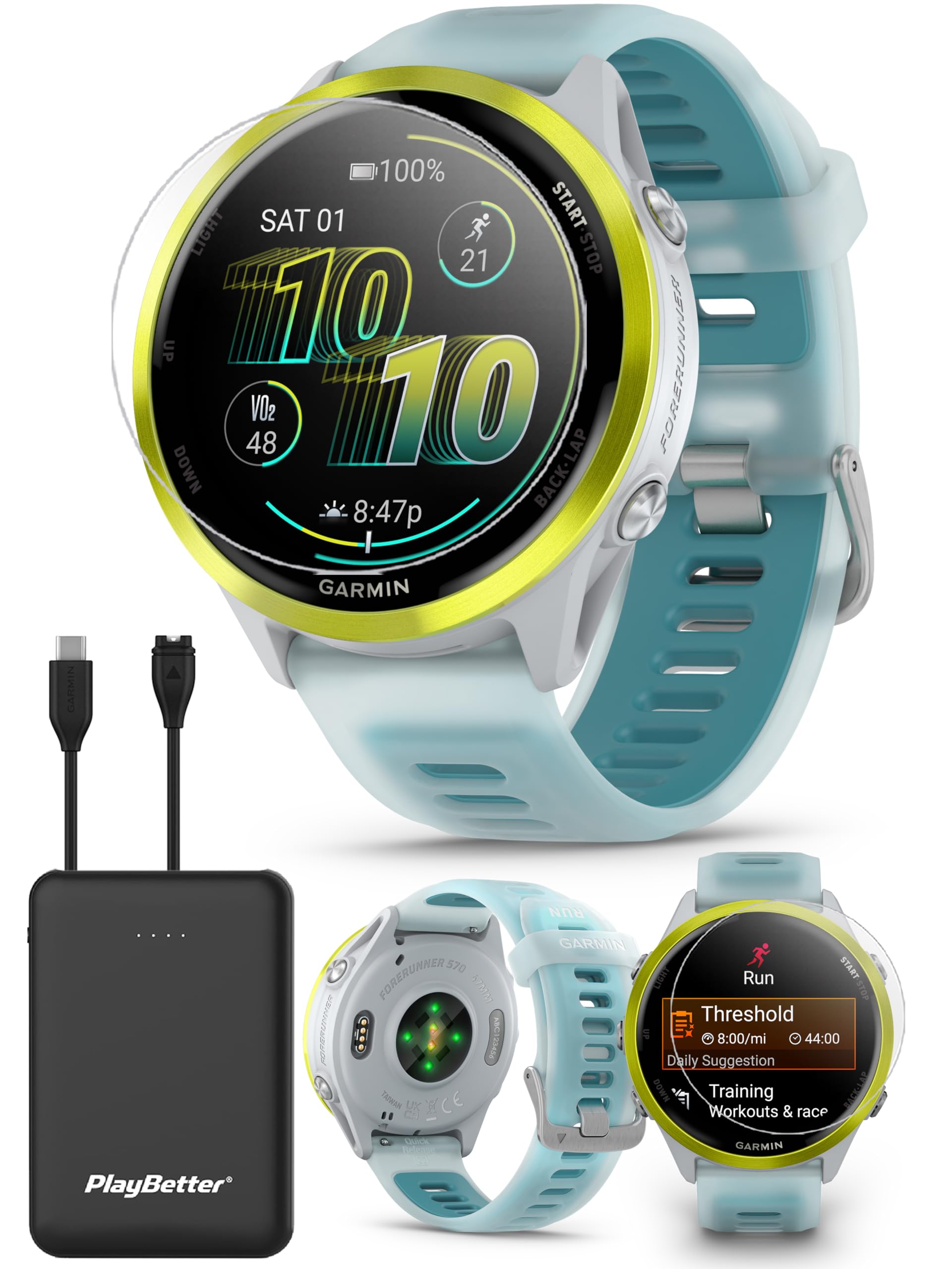Garmin Forerunner 570 Advanced GPS Running and Triathlon Smartwatch Bundle (47 mm, Amp Yellow/Translucent Whitestone/Turquoise)
