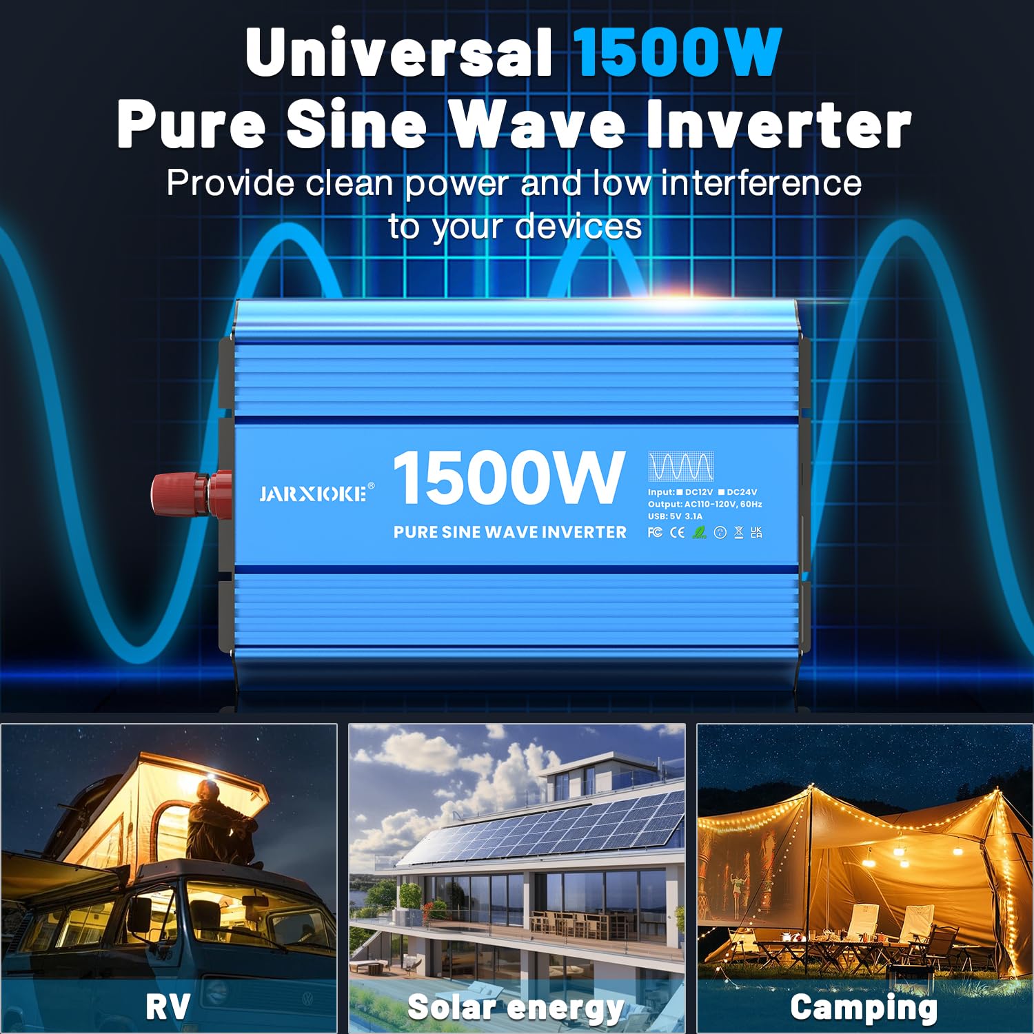 Jarxioke 1500 Watt Pure Sine Wave Power Inverter, 12 Vdc To 110 Vdc To 120 Vdc, For Home, Rv And Off-Grid Solar Systems, With 2