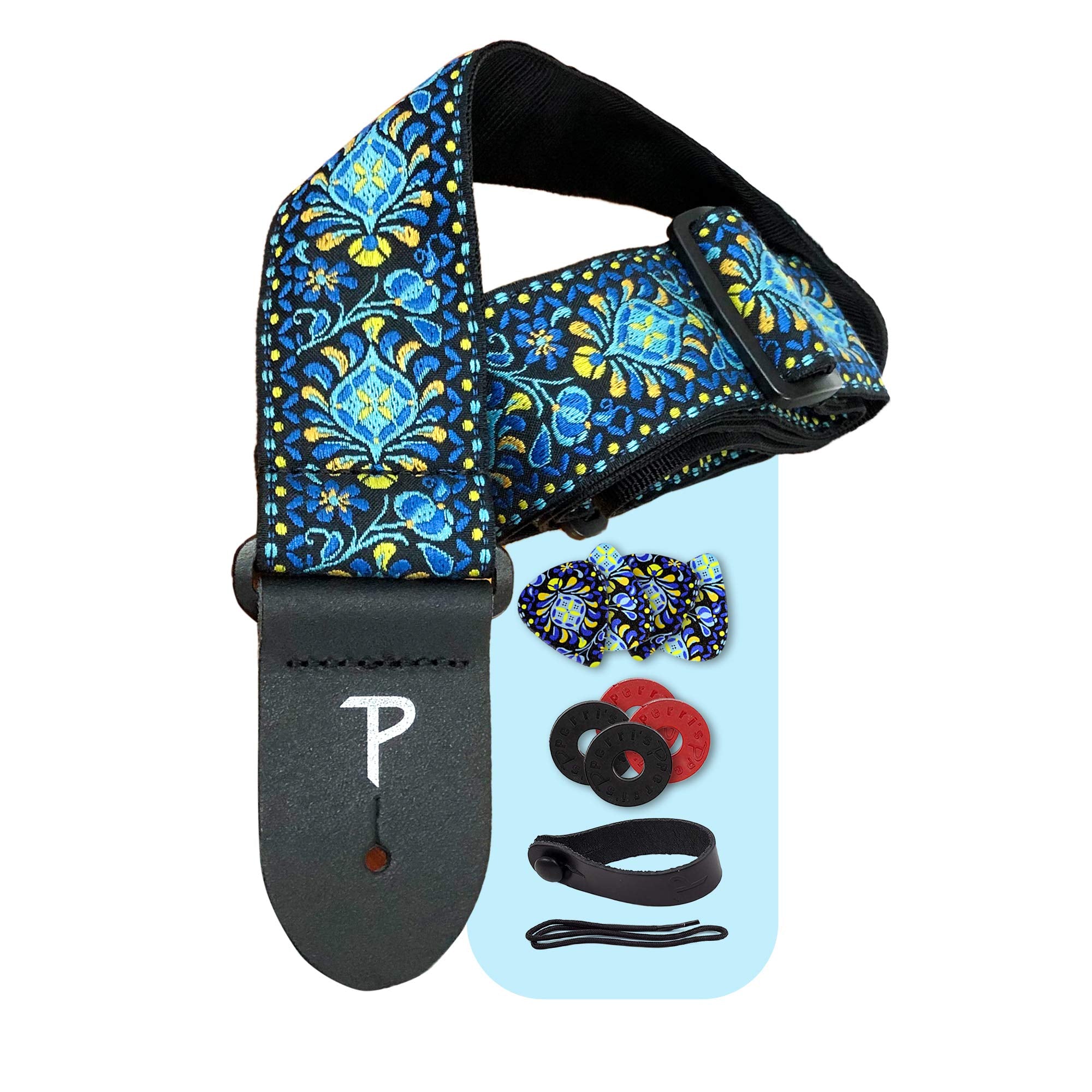 Perris Leathers Jacquard Guitar Straps, 39 to 58, Blue Lotus Set, Adjustable Length, Leather Ends, Non-Slip & Durable, Electric,