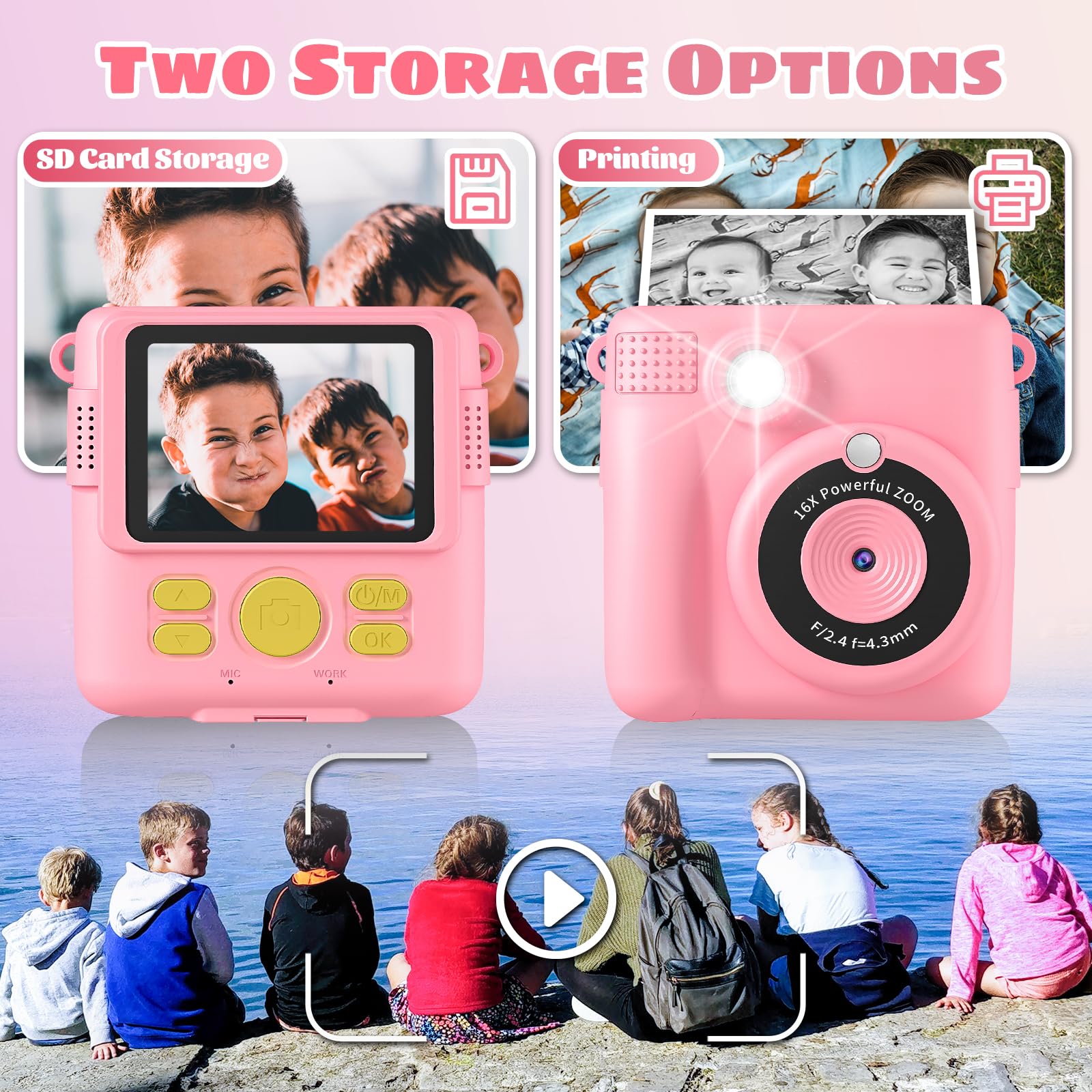 Kids Camera, Instant Print Camera 2.4 Inch Screen 1080P Digital Camera With 16X Digital Zoom, 32Gb Tf Card For 3 13 Boys And Gir