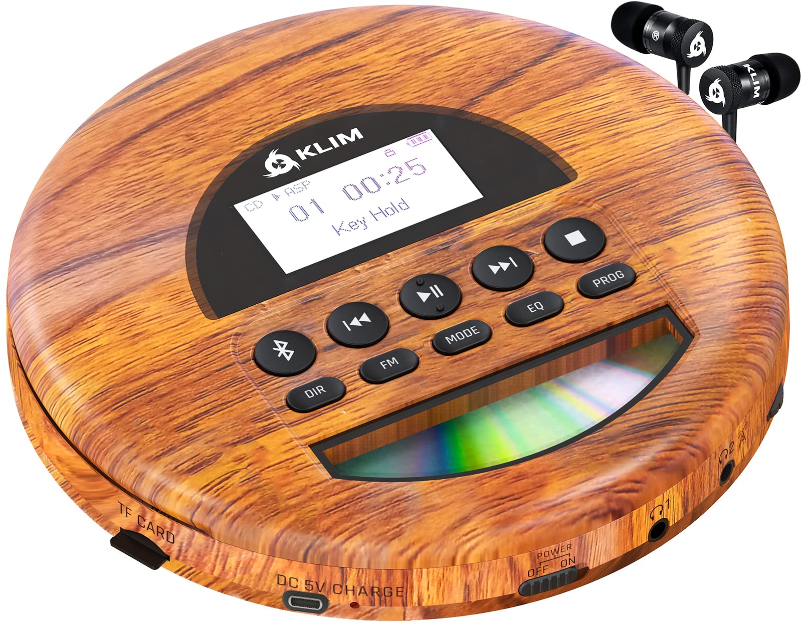 Klim Nomad Wood   New 2023   Portable Cd Player Walkman   Long Lasting Battery   Includes Headphones   Radio Fm   Compatible Mp3