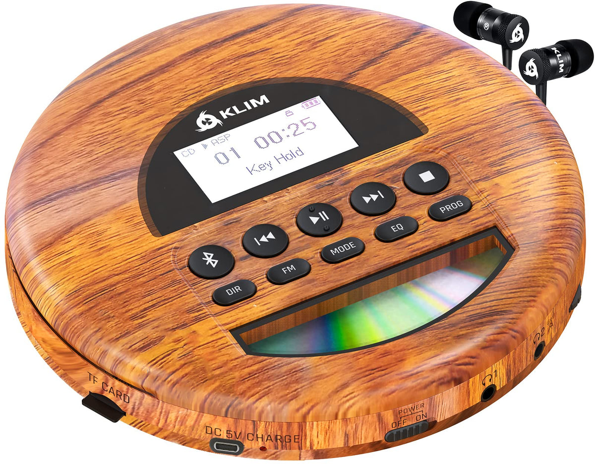 Klim Nomad Wood   New 2023   Portable Cd Player Walkman   Long Lasting Battery   Includes Headphones   Radio Fm   Compatible Mp3