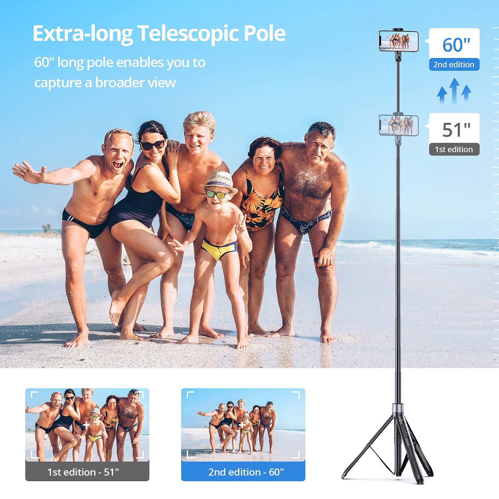 Atumtek 60 Selfie Stick Tripod, All In One Extendable Phone Tripod Stand With Bluetooth Remote 360 Rotation For Iphone And Andro