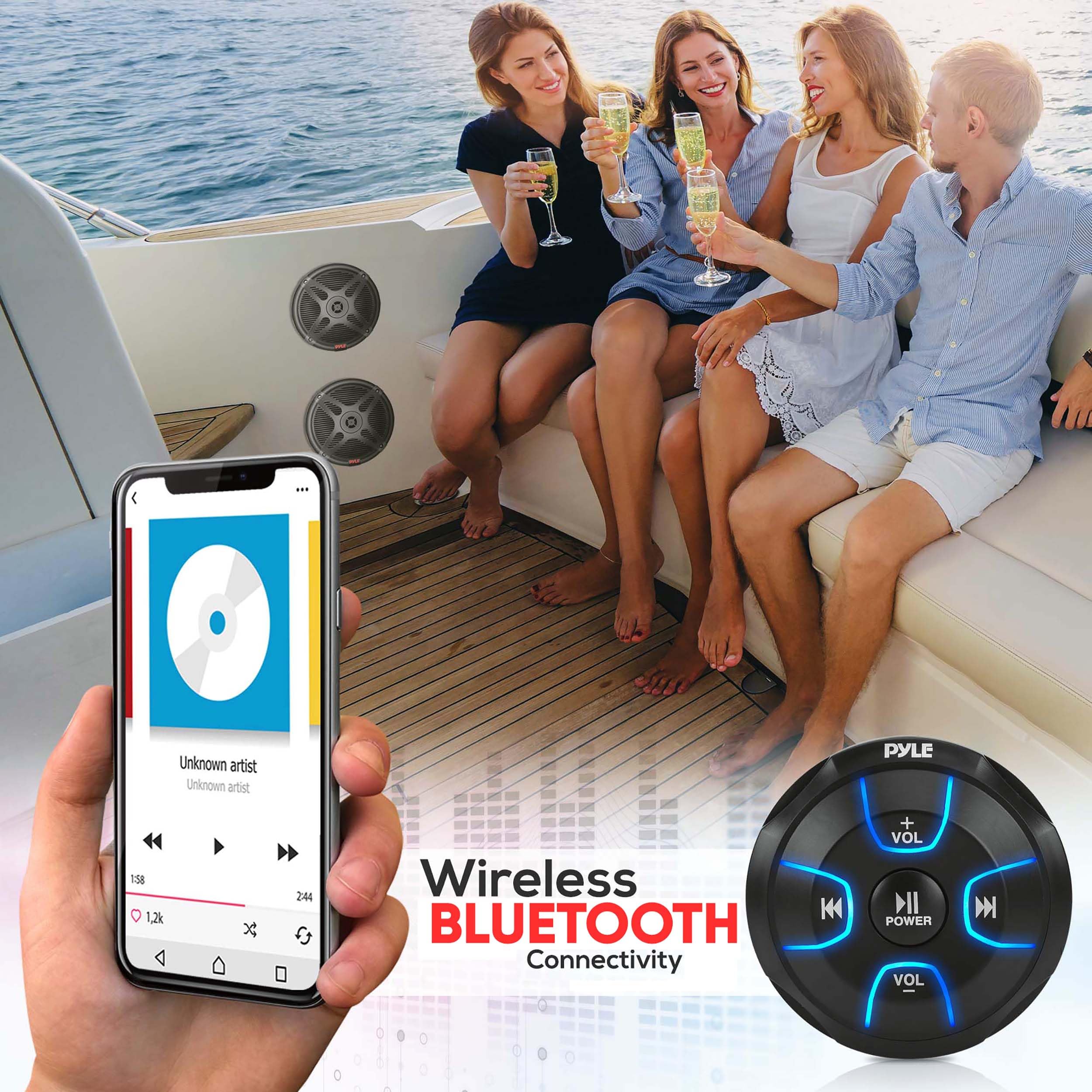 Pyle 6.5 Dual Marine Speakers Kit - Waterproof-Rated W/Amplified Bluetooth Remote Control Receiver For Powersport Vehicles, Ip