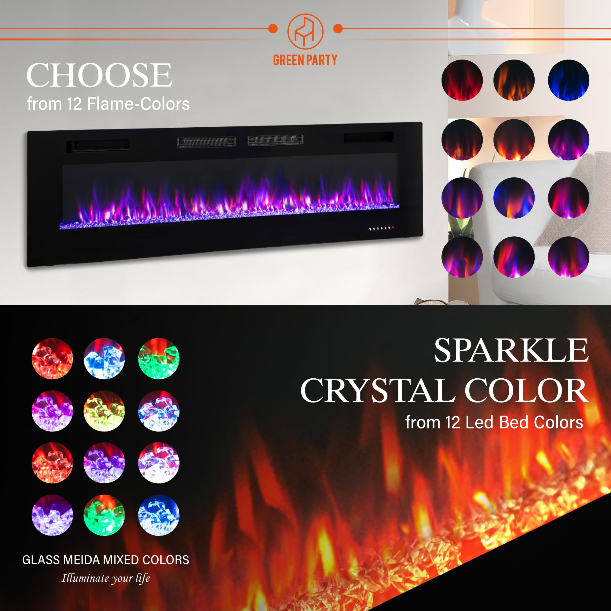Green Party 72'' Electric Fireplace Recessed/Wall Mounted Ultrathin 3.2'' Fireplace Heater, Low Noise Linear Fireplace With Remo