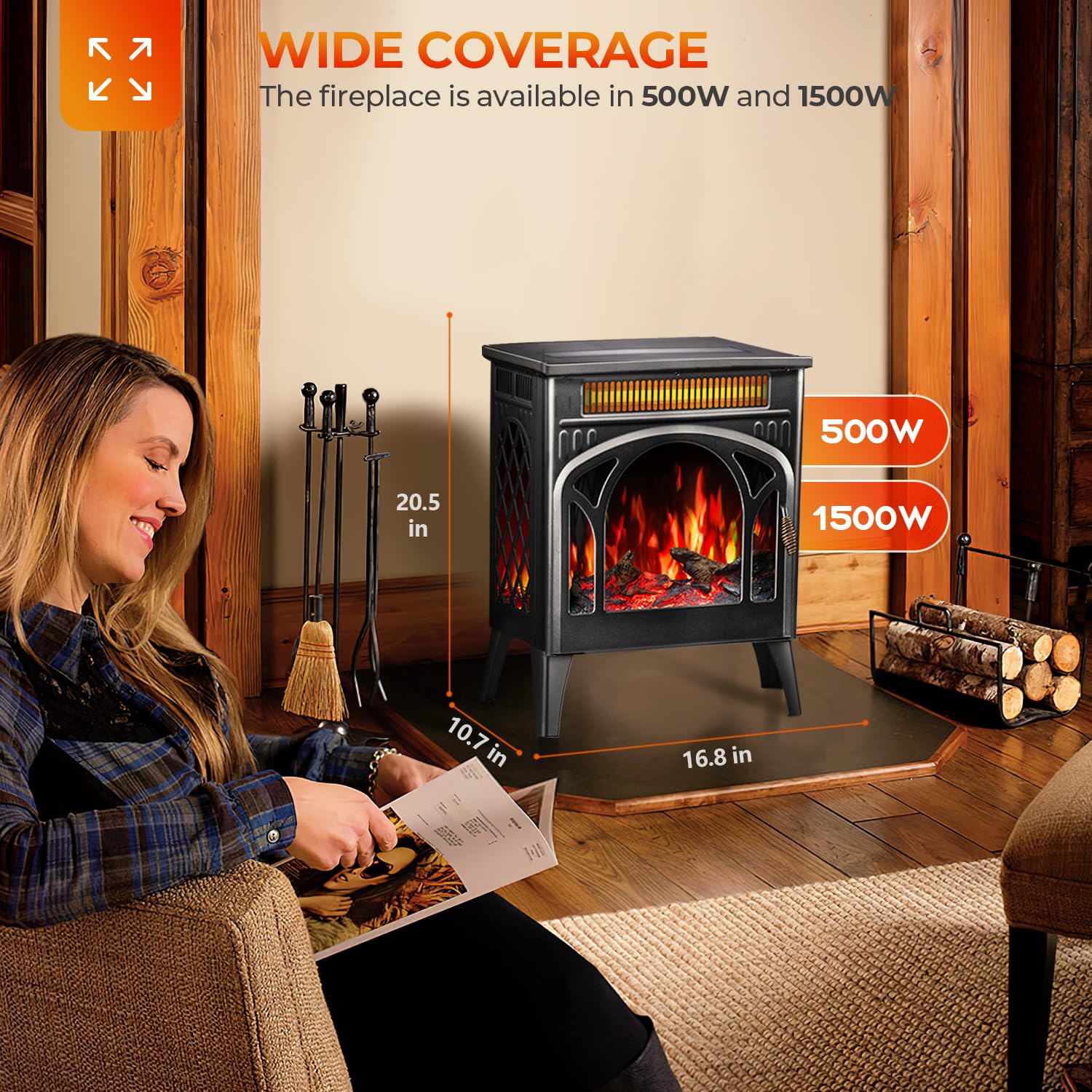 R.W.Flame Electric Fireplace Heater 17'' With Remote Control, Cathedral Stylish, Different Flame Effects And Log Set Colors, Adj