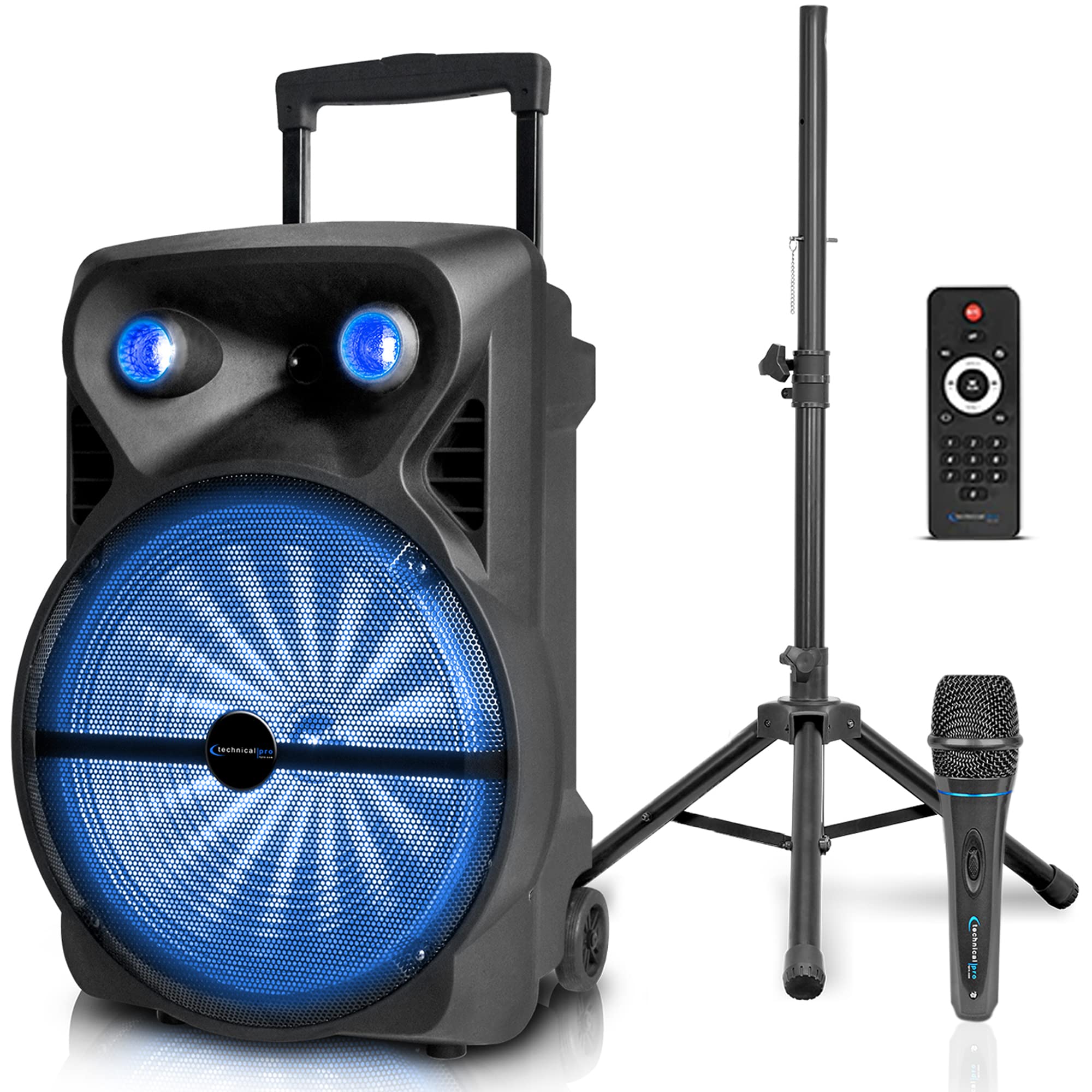 1600 Watts Bluetooth Speaker With Tripod, Wired Microphone & Remote Control | Rechargeable 15' Two Way Bluetooth Dj Light Speaker Package With Usb Sd Card Inputs By Technical Pro