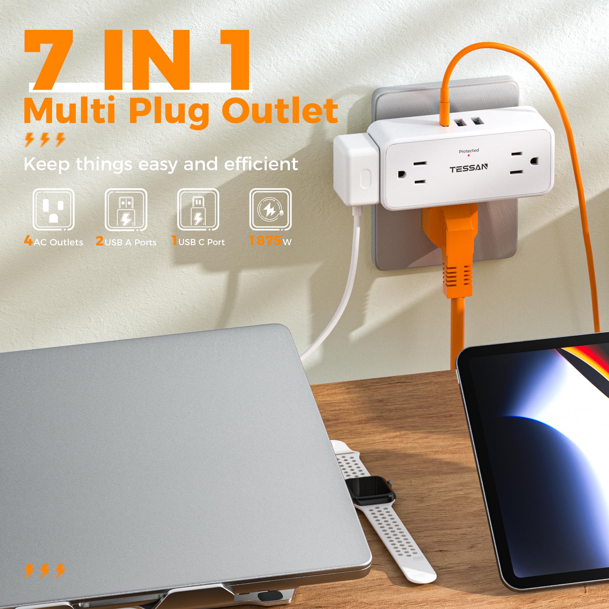 Multi Plug Wall Outlet, Tessan 4 Outlet Extender With 3 Usb (1 Usb C), Multi Plug Surge Protector 900J, Multiple Wall Charger Fo