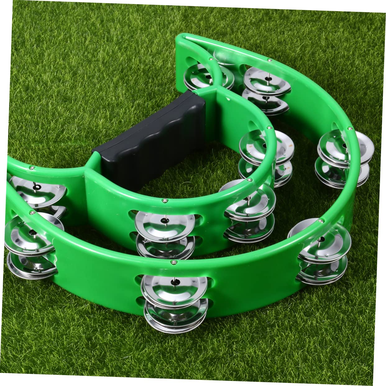 3NH Tambourine Musical Hand Held Metal Half Green Jingles Moon Double Row