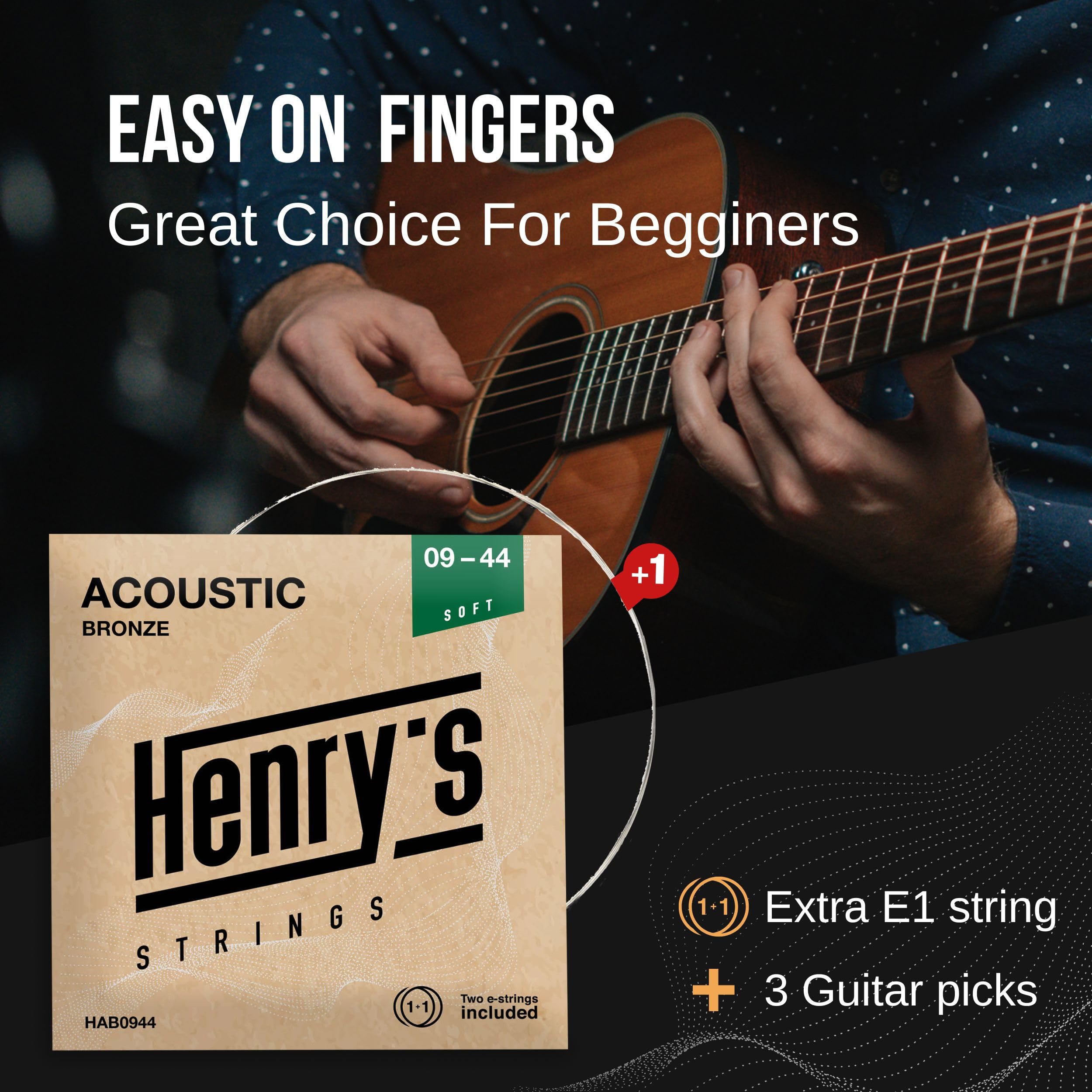 Extra Light Acoustic Guitar Strings 09 44   Easy On Fingers & Excellent Sound   Extra E 1 String & 3 Guitar Picks   Super Light