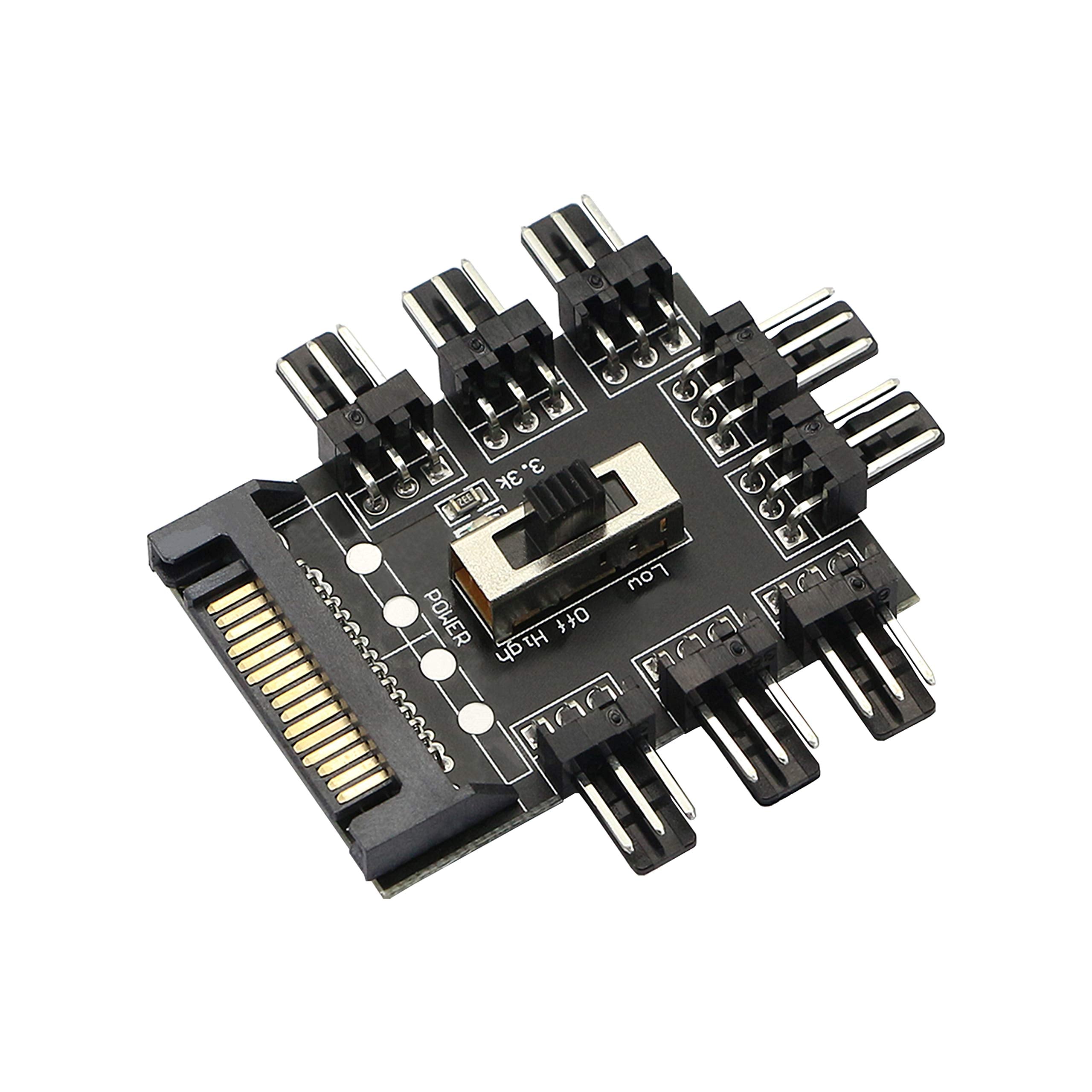 Gelrhonr Chassis Fan Hub, Sata 1 To 8 Way12V 3 Pin Cooling Fan Splitter Controller Hub 3 Pin Pwm For Pc Desktop Computer Motherboard(12V 3 Pin)