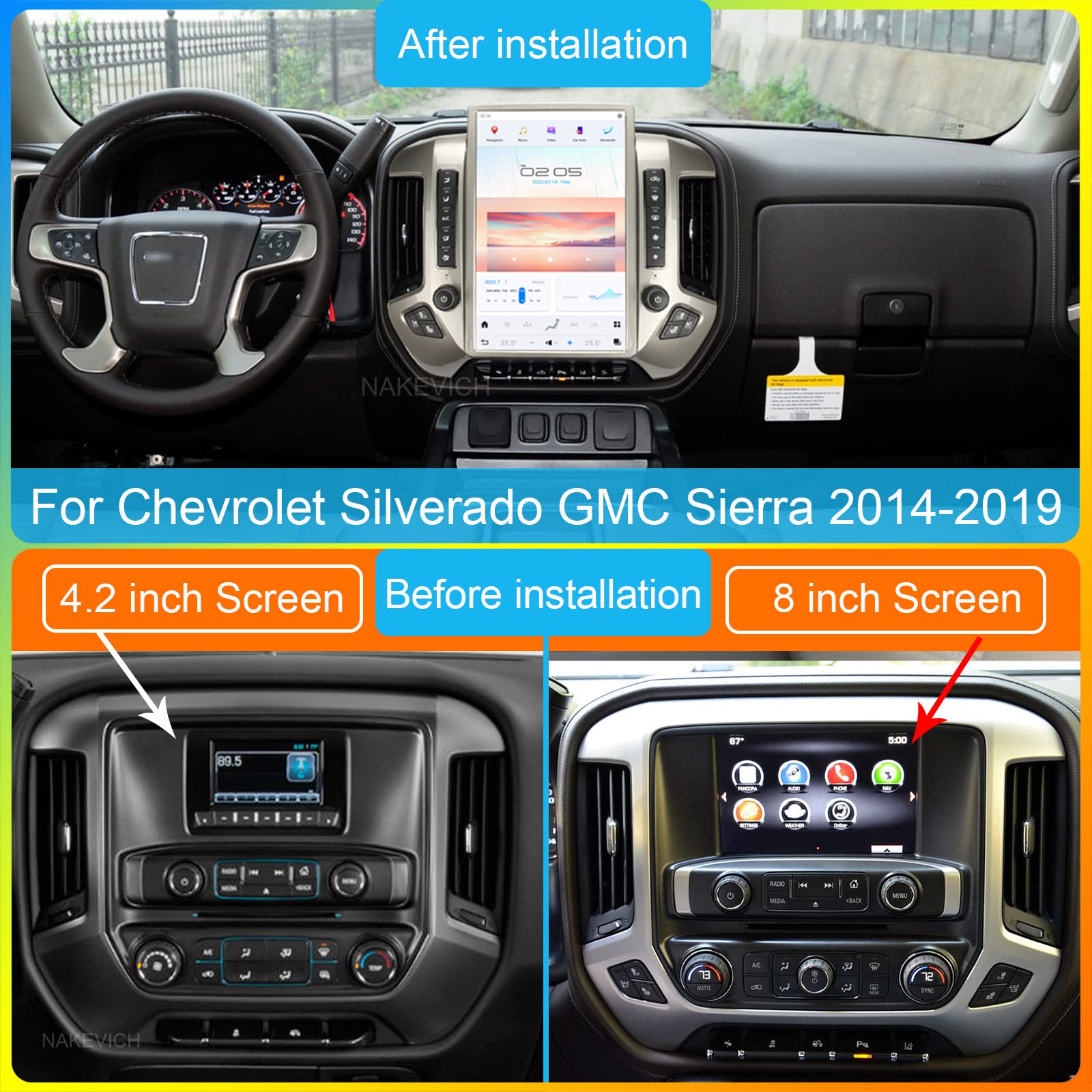 Nakevich 14.4 Inch Qualcomm Android 11 Car Radio For Chevrolet Silverado Gmc Sierra 2014 2019 Stereo Upgrade Tesla Style Dash 2K