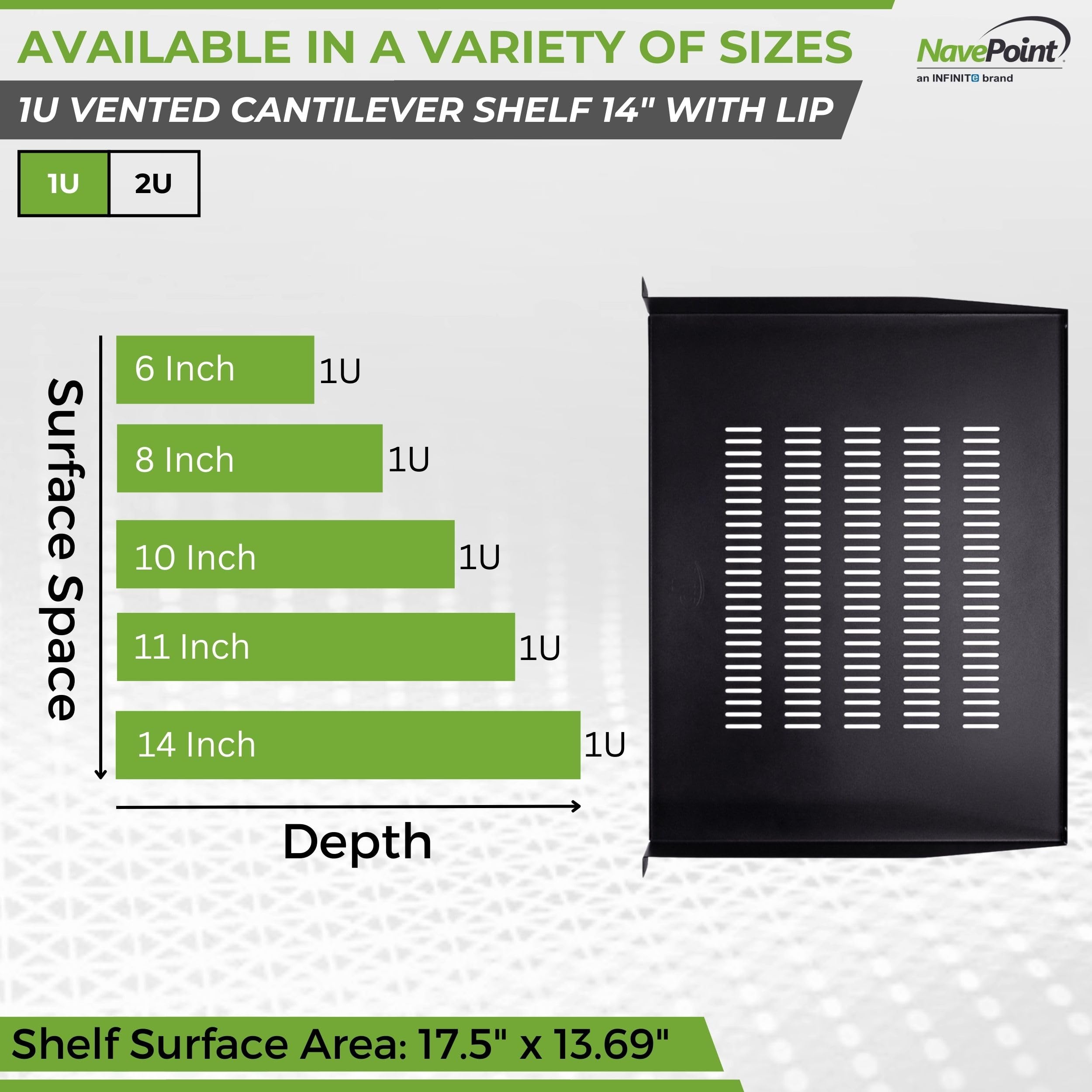 Navepoint Cantilever Server Shelf Vented Shelves Rack Mount 19 Inch 1U Black 14 Inches (350Mm) Deep