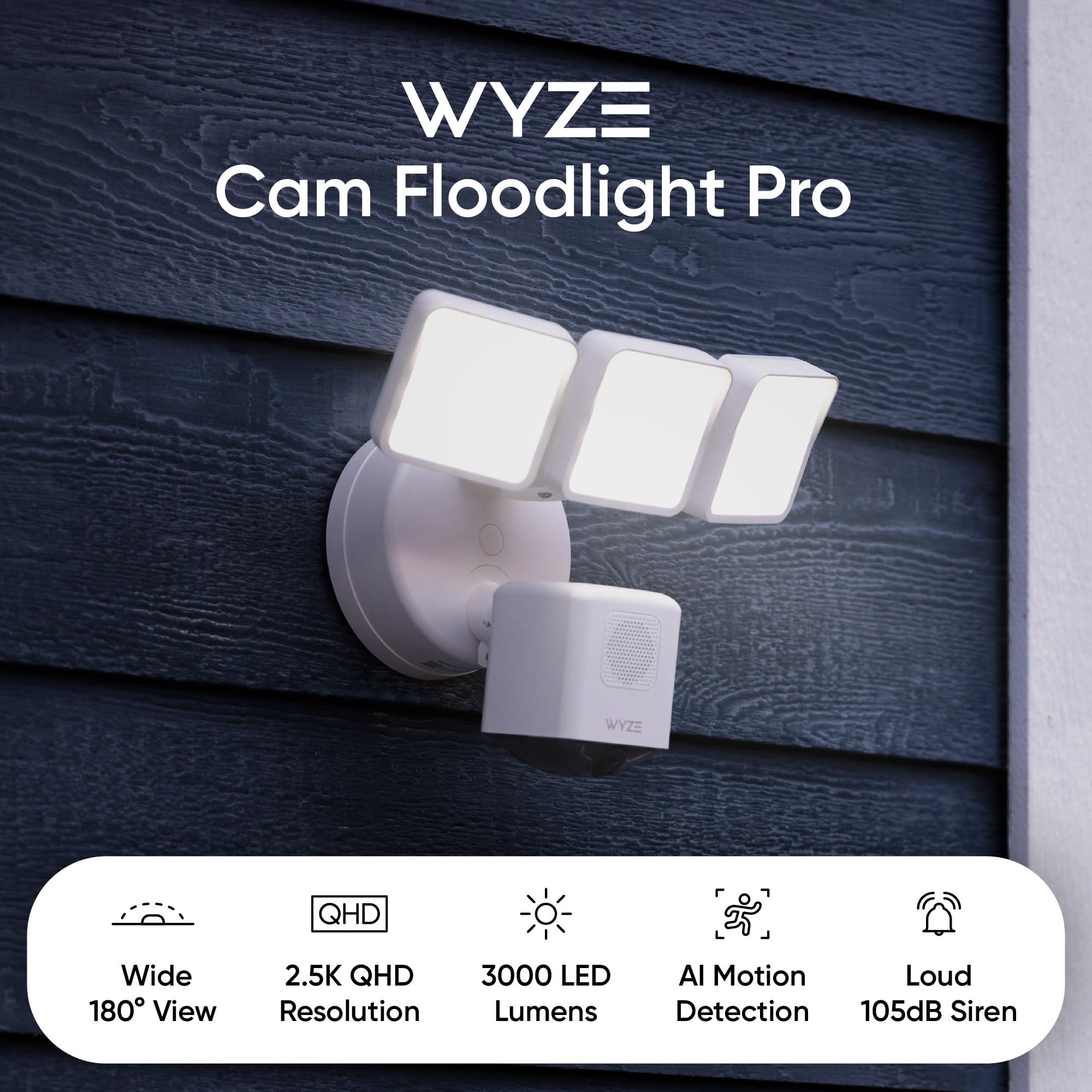 Wyze Floodlight Camera Pro, Pcmag Editors' Choice 3000 Lumen Leds, 2.5K Hd Outdoor Security Camera, 180� Wide View, Motion Detection, Color Night Vision, Works With Alexa & Google