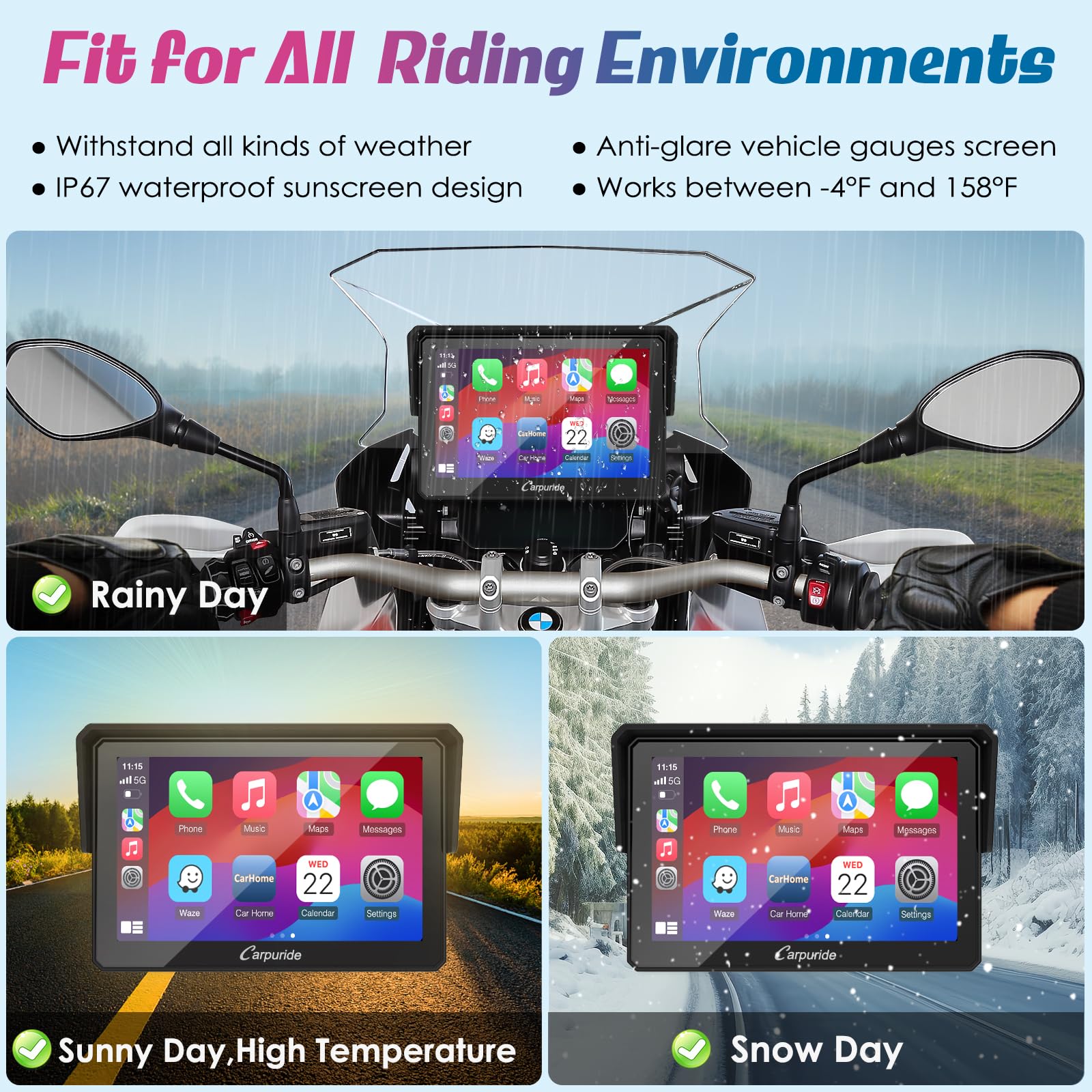 Carpuride W502B Motorcycle Carplay Screen For Bmw R1200Gs R1250Gs S1000Xr Motorcycle, 5 Inch Waterproof Touchscreen, Portable Carplay/Android Auto Gps Navigation For Motorbike, Dual Bluetooth