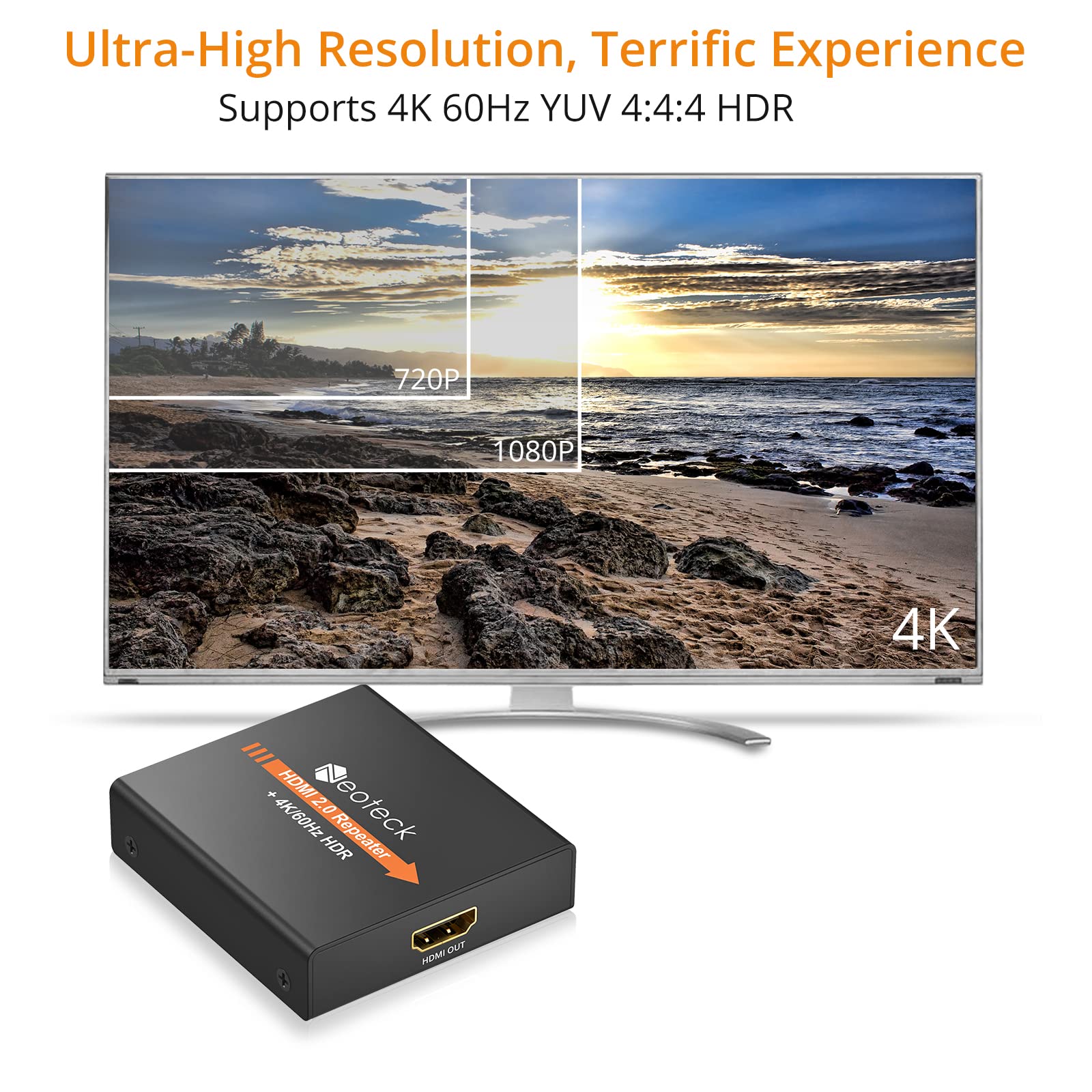 Neoteck Hdmi 2.0 Repeater 4K 2160P 3D Hdmi Signal Amplifier Repeater Boost Up To 196Ft Transmission Distance Mini Size Metal She