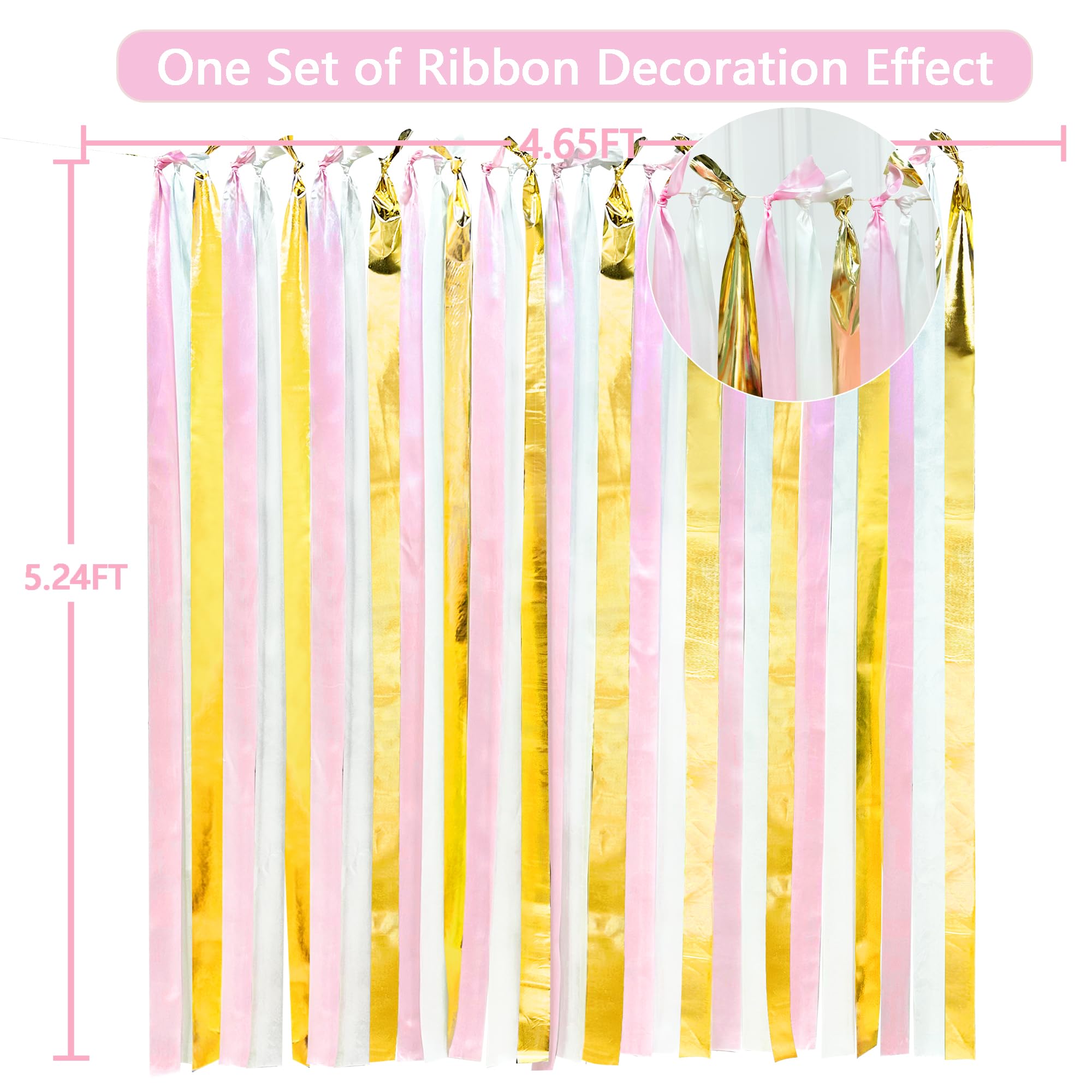 Gold Pink And White Party Decoration Streamer Backdrop 197 Ft  1.97'' Wide Satin Ribbon Fringe Hanging Garland For Birthday Baby