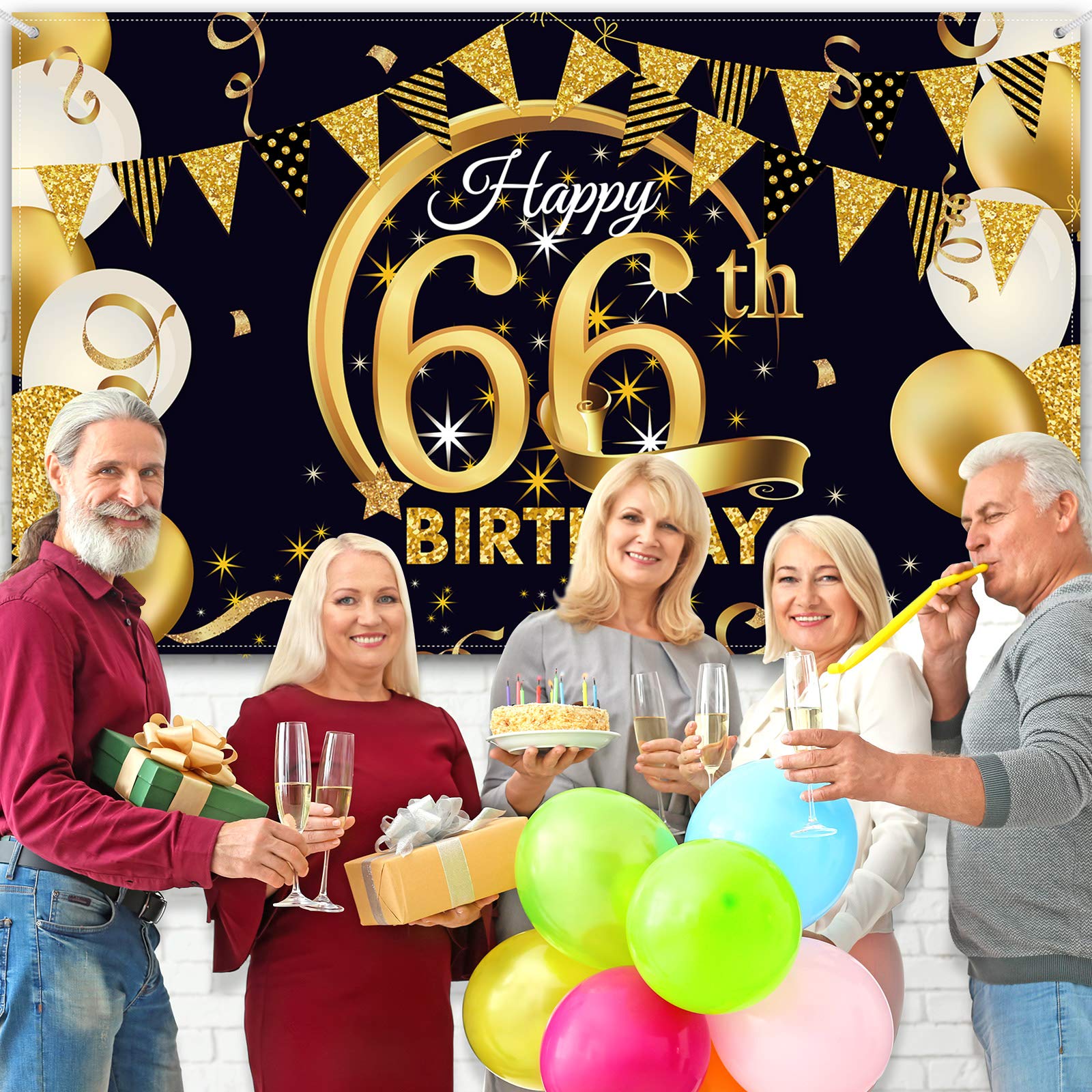 66Th Birthday Party Decoration, Extra Large Fabric Black Gold Sign Poster For 66Th Anniversary Photo Booth Backdrop Background B