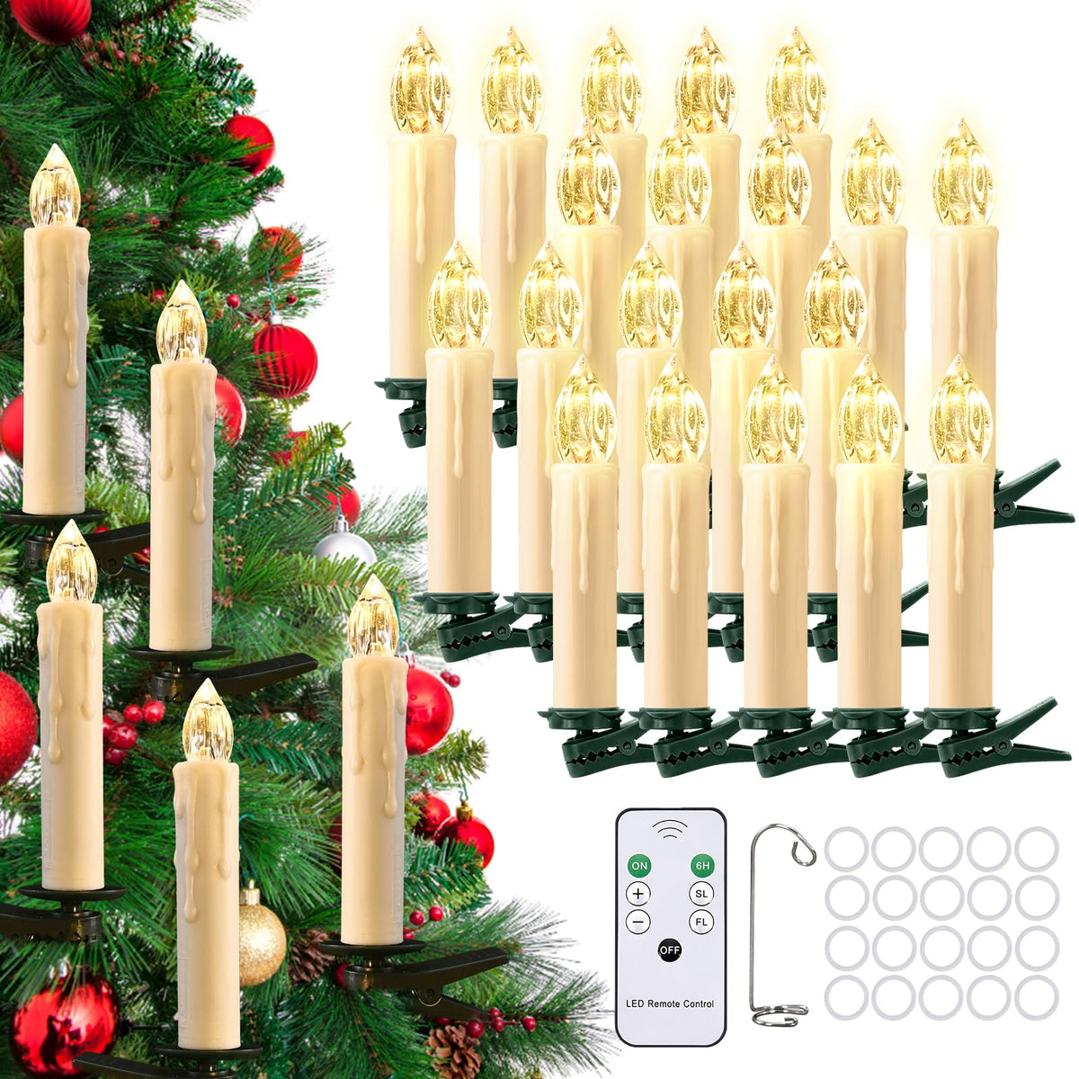 Josu Flameless Candles Christmas Decor, 20Pcs Waterproof Battery Operated Christmas Tree Led Taper Candles Floating Candles Flam