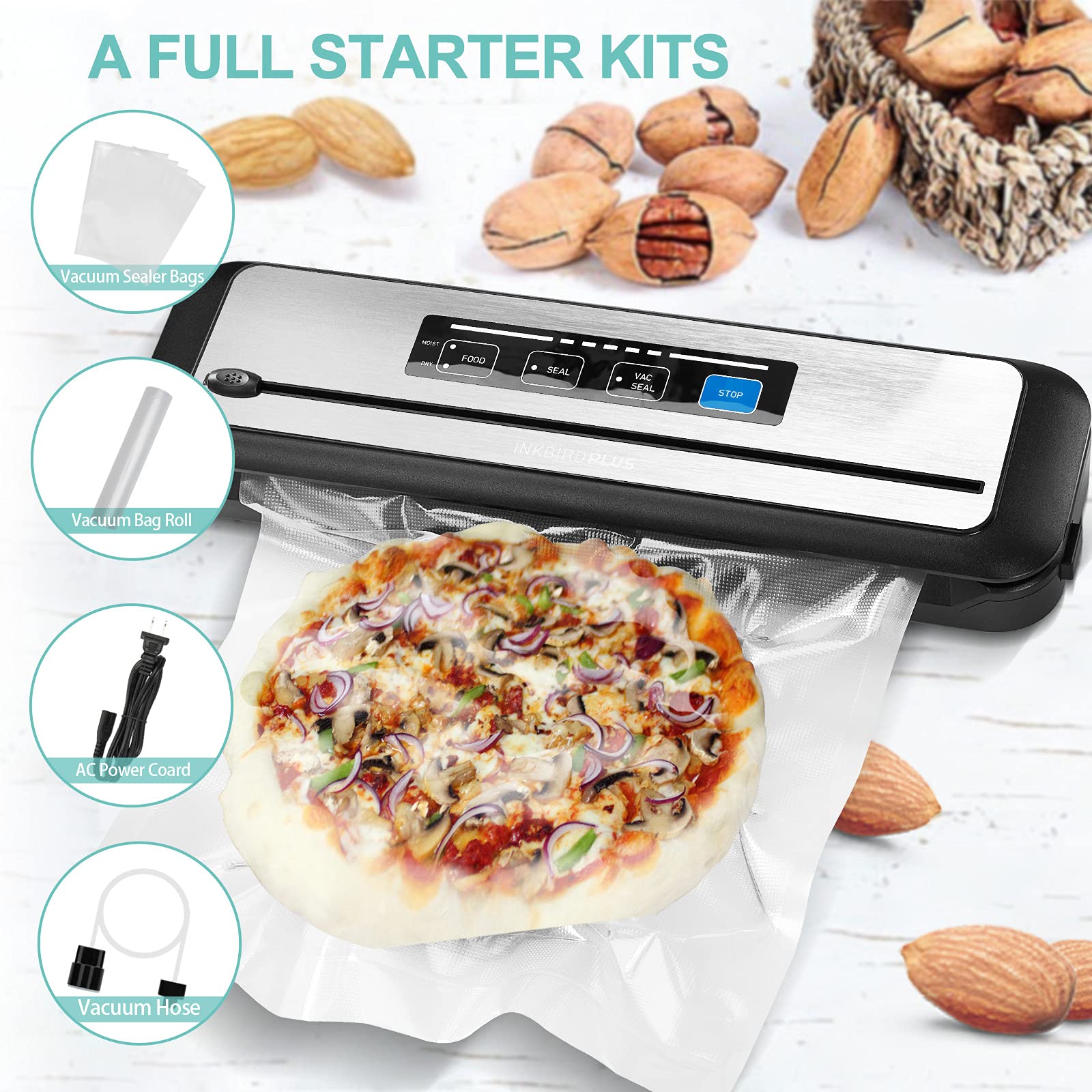 Vacuum Sealer Machine With 55 Count 8''X12'' Food Sealers Bags And 8''*79' Vacuum Sealer Roll, Inkbird Automatic Vacuum Sealers