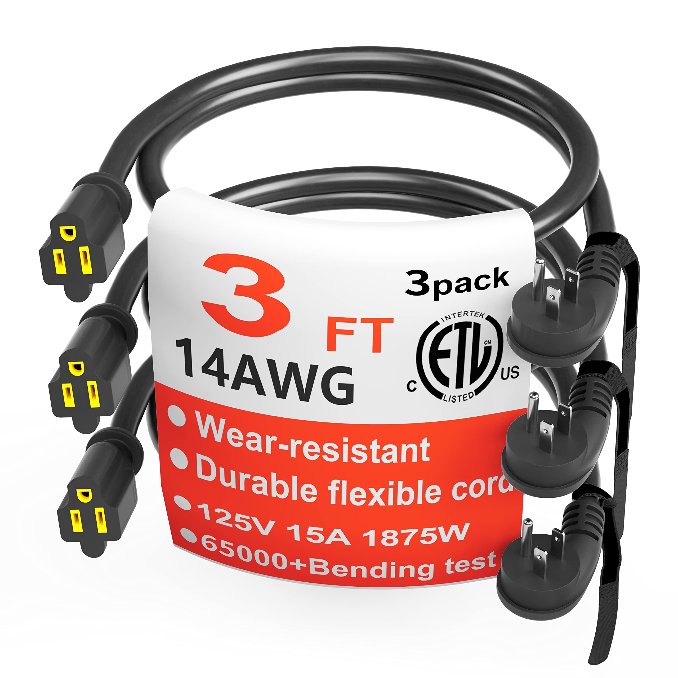 Huanchain 14 Gauge 3 Feet (3 Pack) Flat Plug Extension Cord Black Indoor Outdoor, Heavy Duty 3 Prong Grounded Low Profile Extens