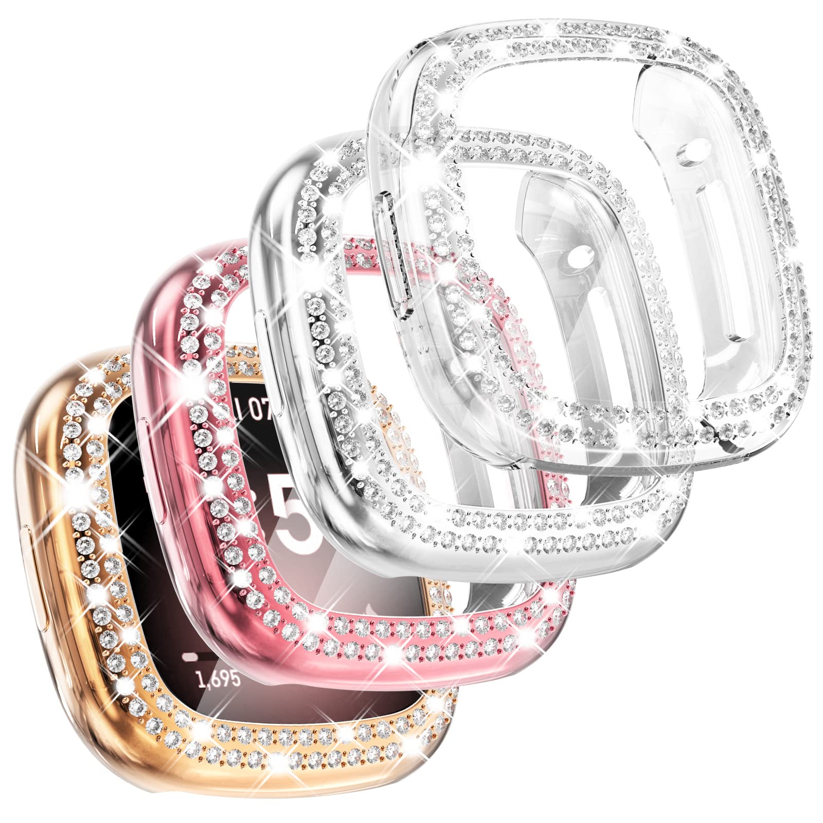 Chanchy 4 Pack Compatible With Fitbit Versa 3 Screen Protector Case, Soft Tpu Full Protective Case Cover Bumper Bling Crystal Di