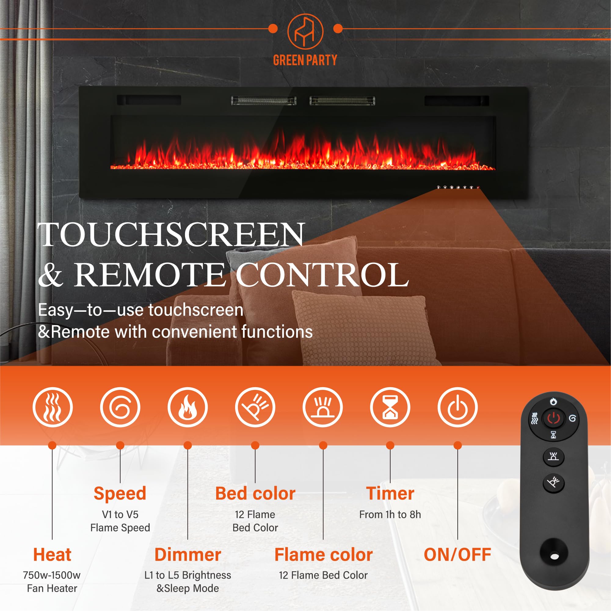 Green Party 72'' Electric Fireplace Recessed/Wall Mounted Ultrathin 3.2'' Fireplace Heater, Low Noise Linear Fireplace With Remo
