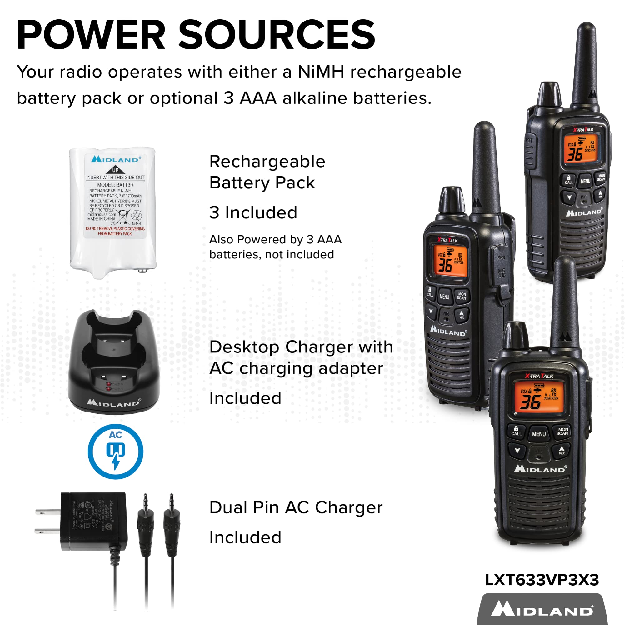 Midland�   Lxt633Vp3 Walkie Talkies With 36 Frs Channels � Two Way Radio Noaa Weather Alert & Scan Technology, Dual Power Options, 121 Privacy Codes, Silent Operation, Xtreme Range � Black, Set Of 3