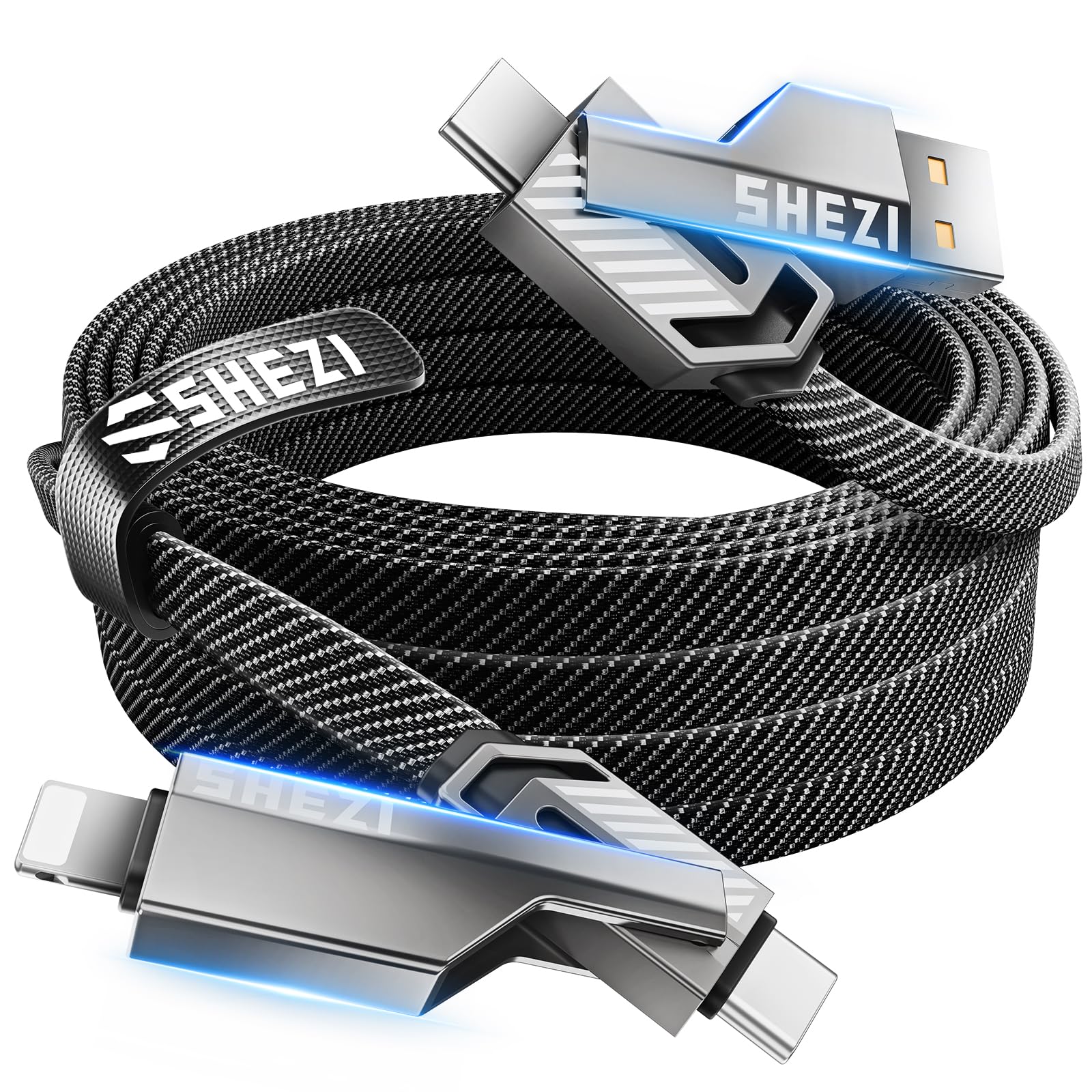 Shezi 4 In 1 Usb C Cable 60W 10Ft Lightning Cable, High Speed Charging [480Mbps Data Sync] Flat Nylon Braided Multi Charger Cord