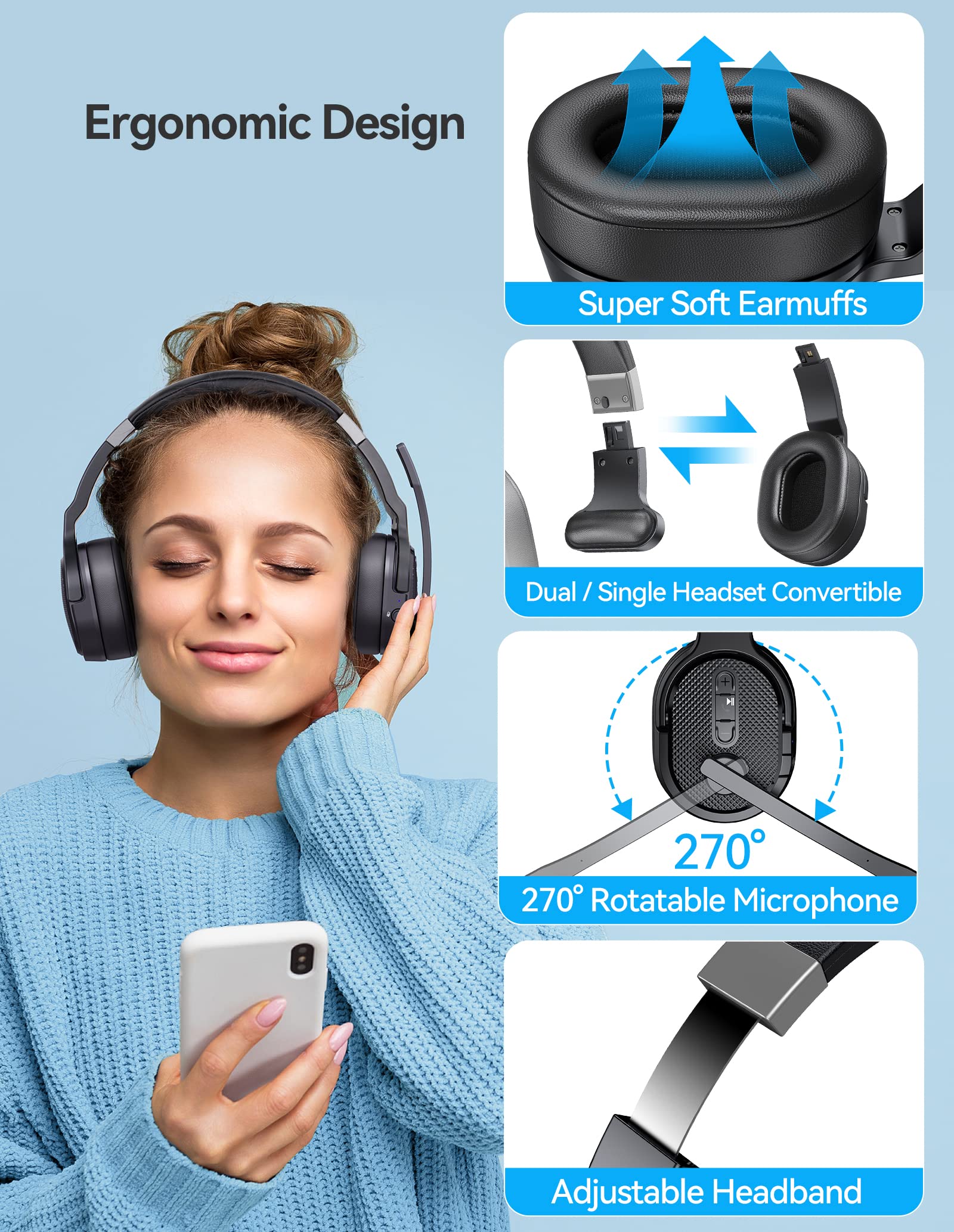 Tecknet Bluetooth Trucker Headset, Single And Dual Ear Wireless Headset With Mic For Work Noise Cancelling, 40Hrs 3 Eq Music Mod