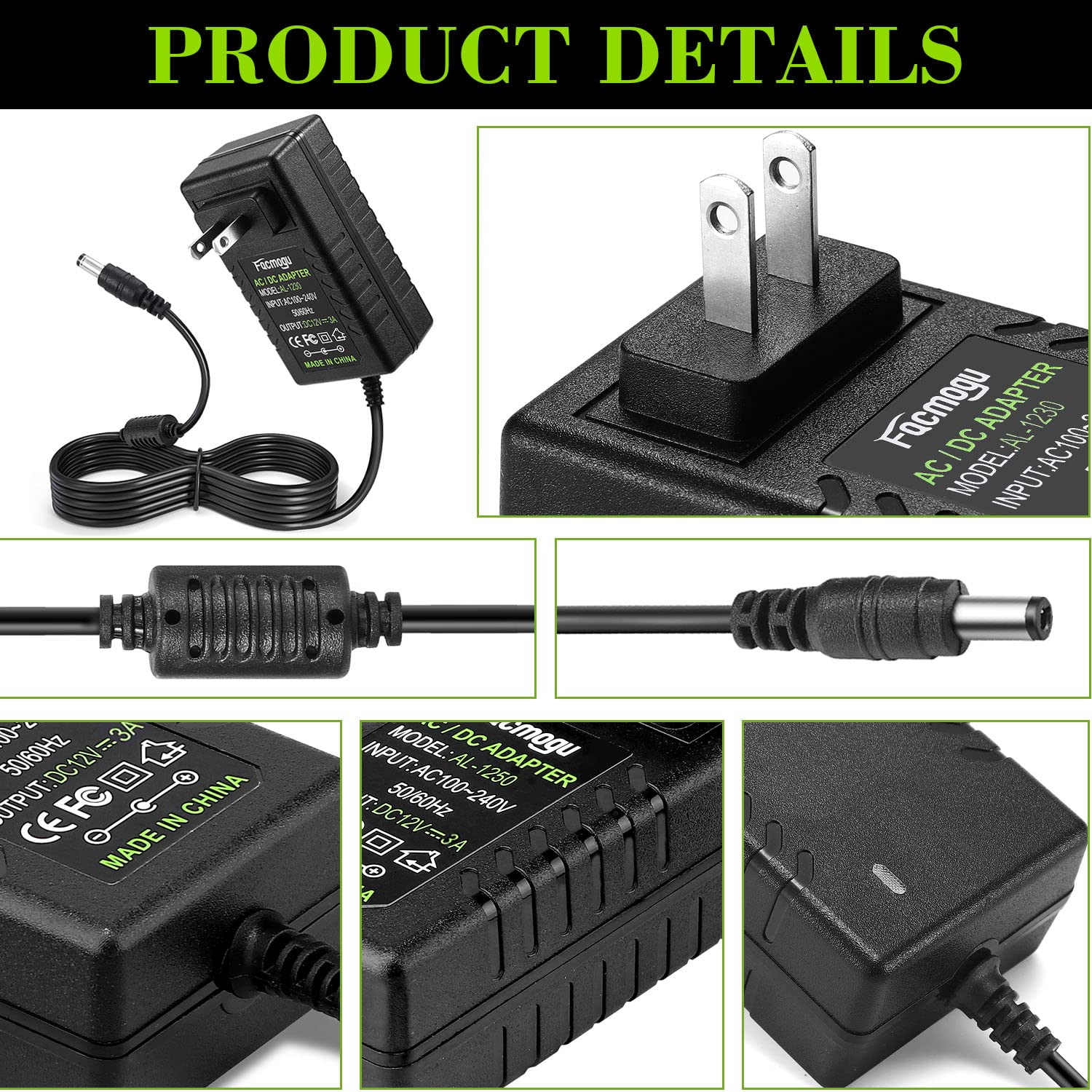 Facmogu Dc 12V 3A Power Supply Ac Adapter, Ac 100 240V To Dc 12 Volt Wall Plug Transformers 36W With 150Cm/ 4.92 Feet Long Cable, Wall Mounted Power Adapter With Barrel Connector 5.5X2.5Mm & 5.5X2.1Mm