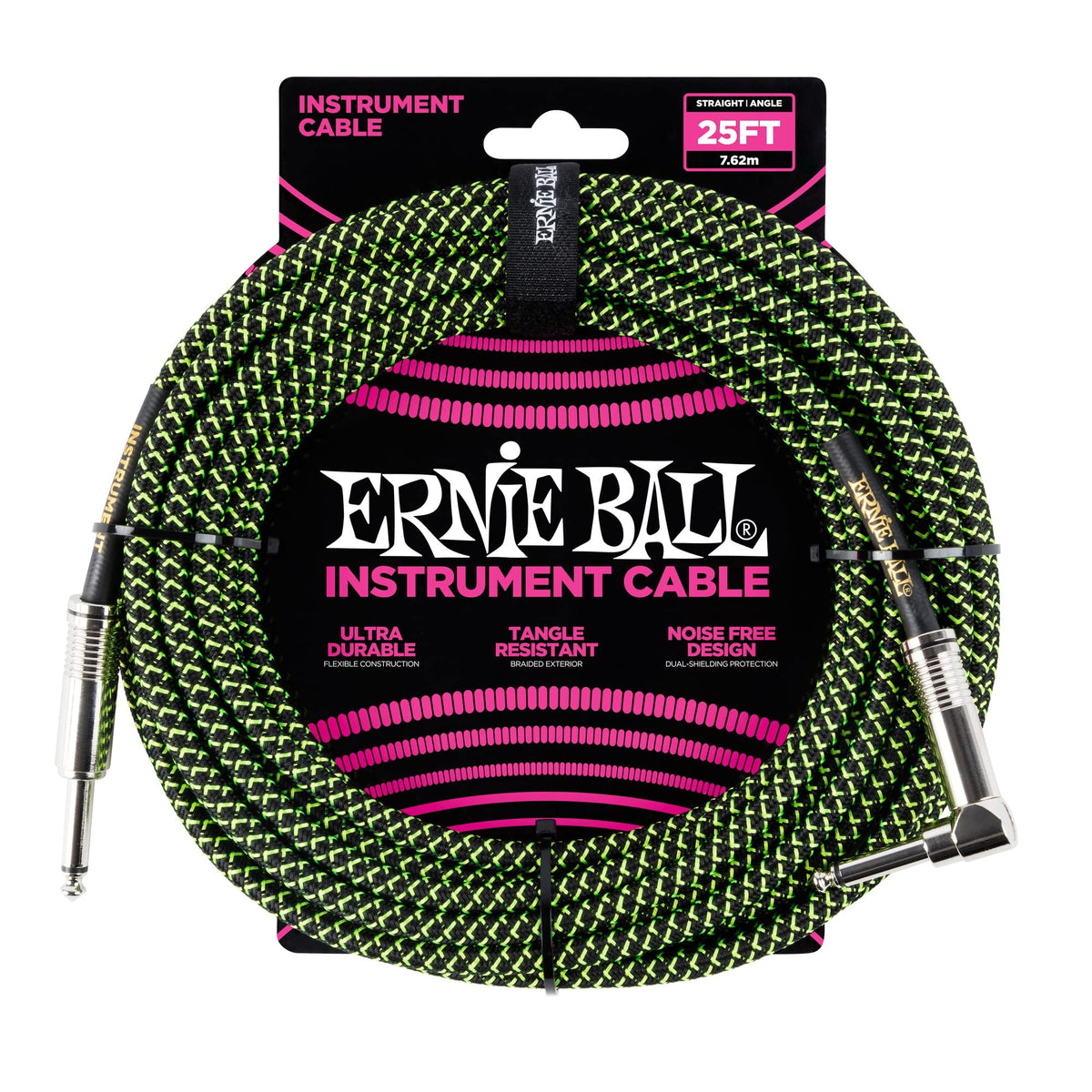 Ernie Ball Braided Instrument Cable, Straight/Angle, 25Ft, Neon Green/Black (P06066)