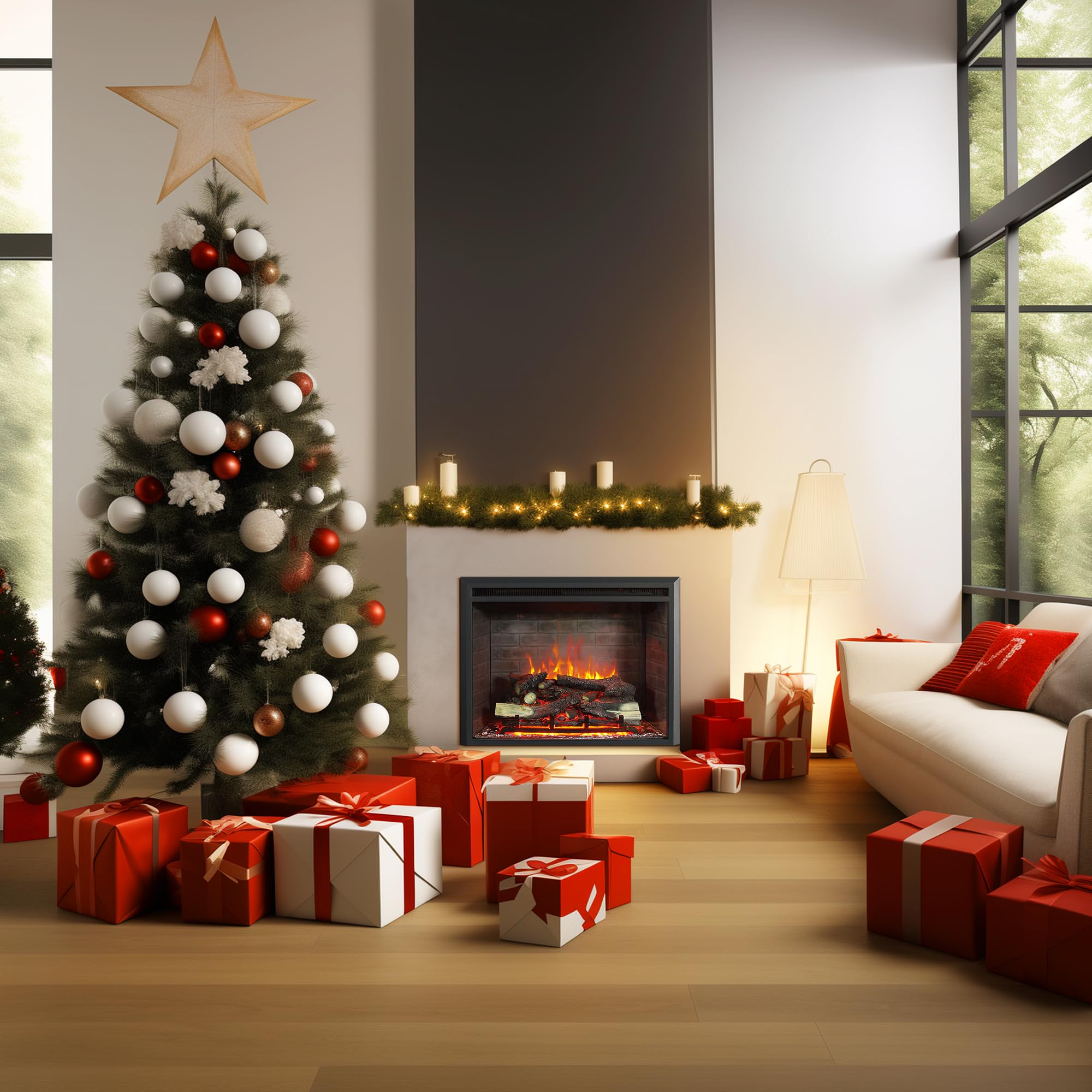 Richflame Gavin 33 Inches Electric Fireplace Insert With Log Speaker, Designed For Stud, Wood Burning Opening, Cabinet & Wood Ma