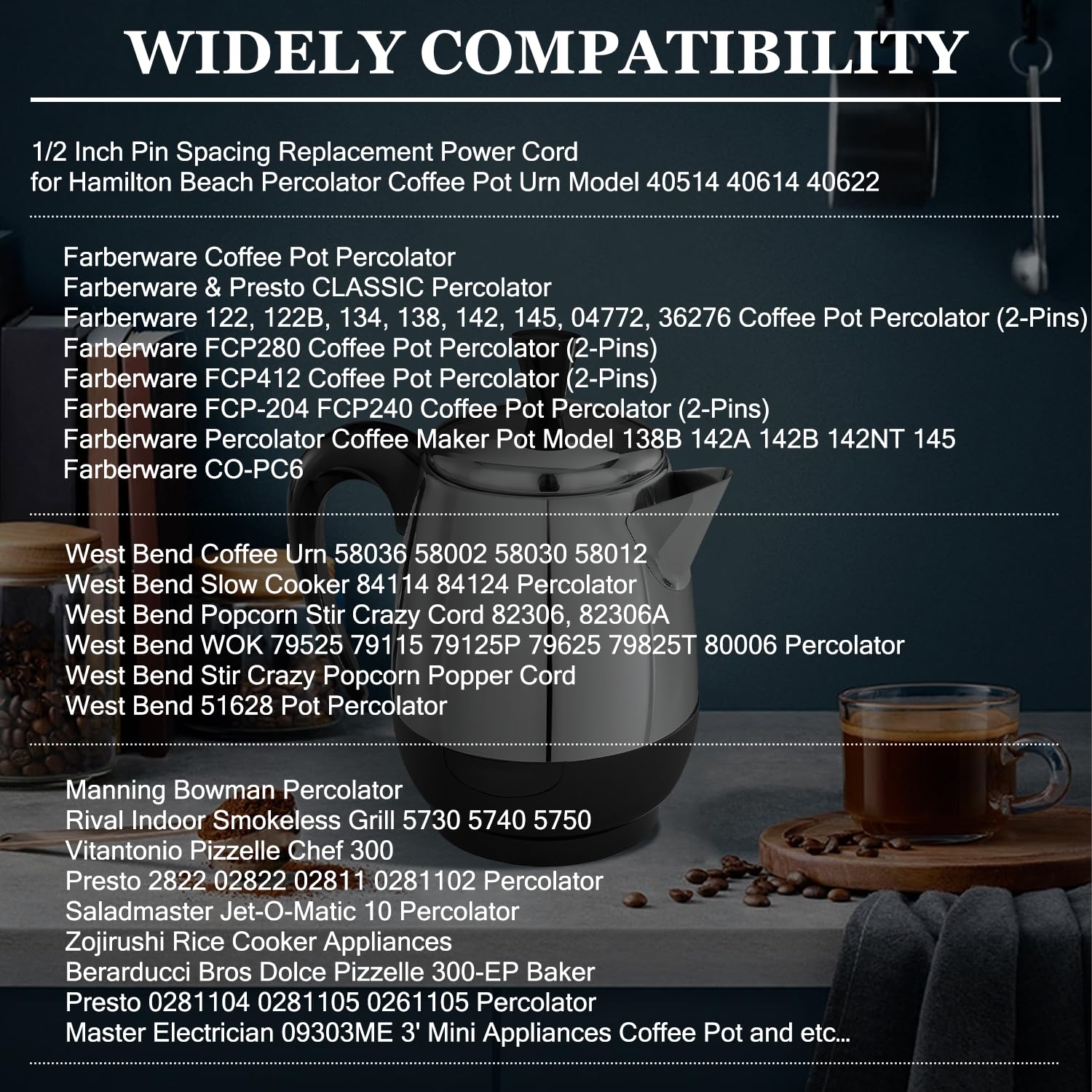 Hasmx Replacement Power Cord Percolator Power Cord 36'' For Presto Percolator 0281104 0281105 0261105, 2Pin Cord Black 3Ft (1 Pa