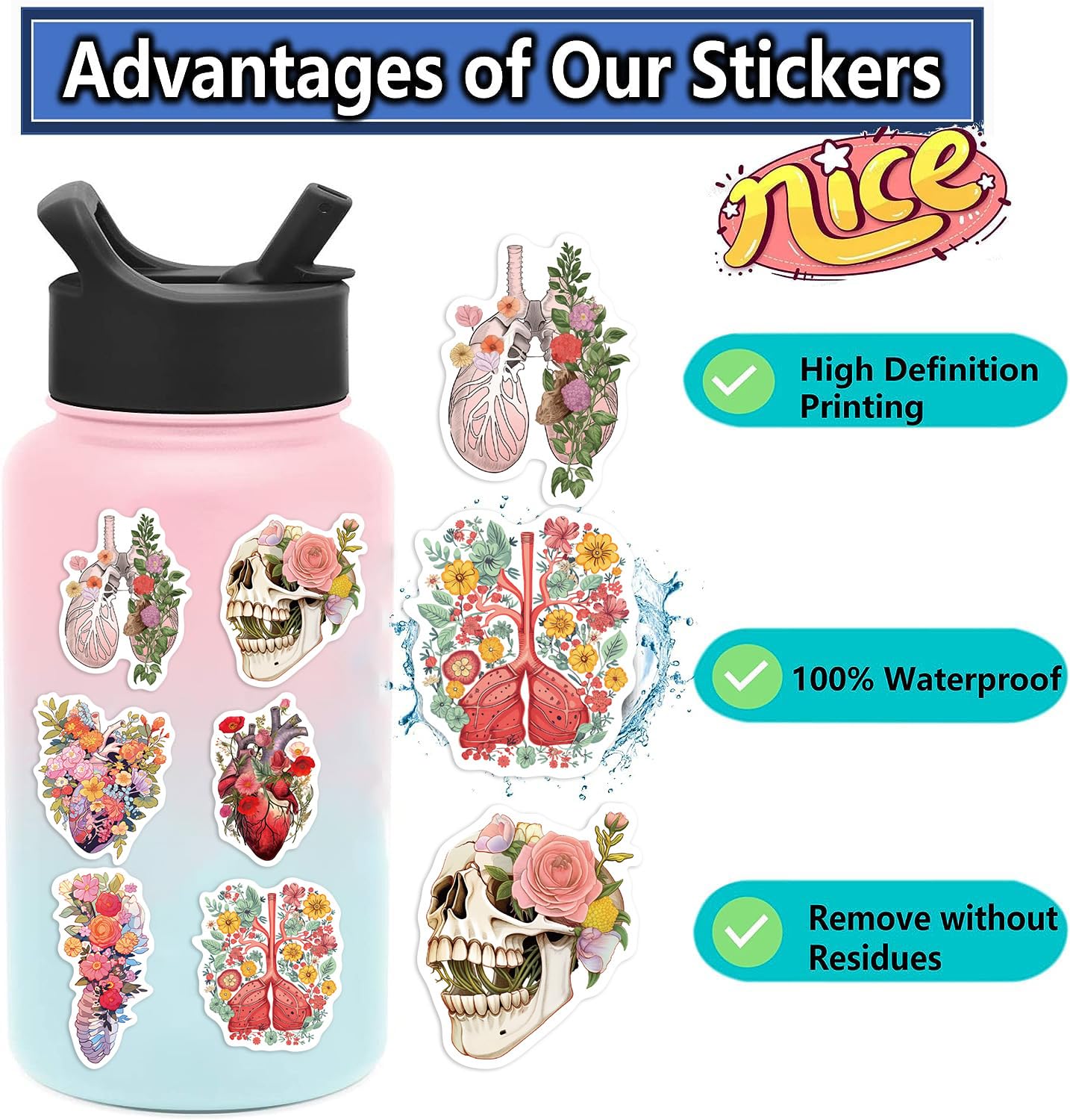 Human Body Organs Floral Stickers   50Pcs Waterproof Vinyl Anatomy Medical Nurse Stickers For Water Bottles,Laptop,Computer,Refr