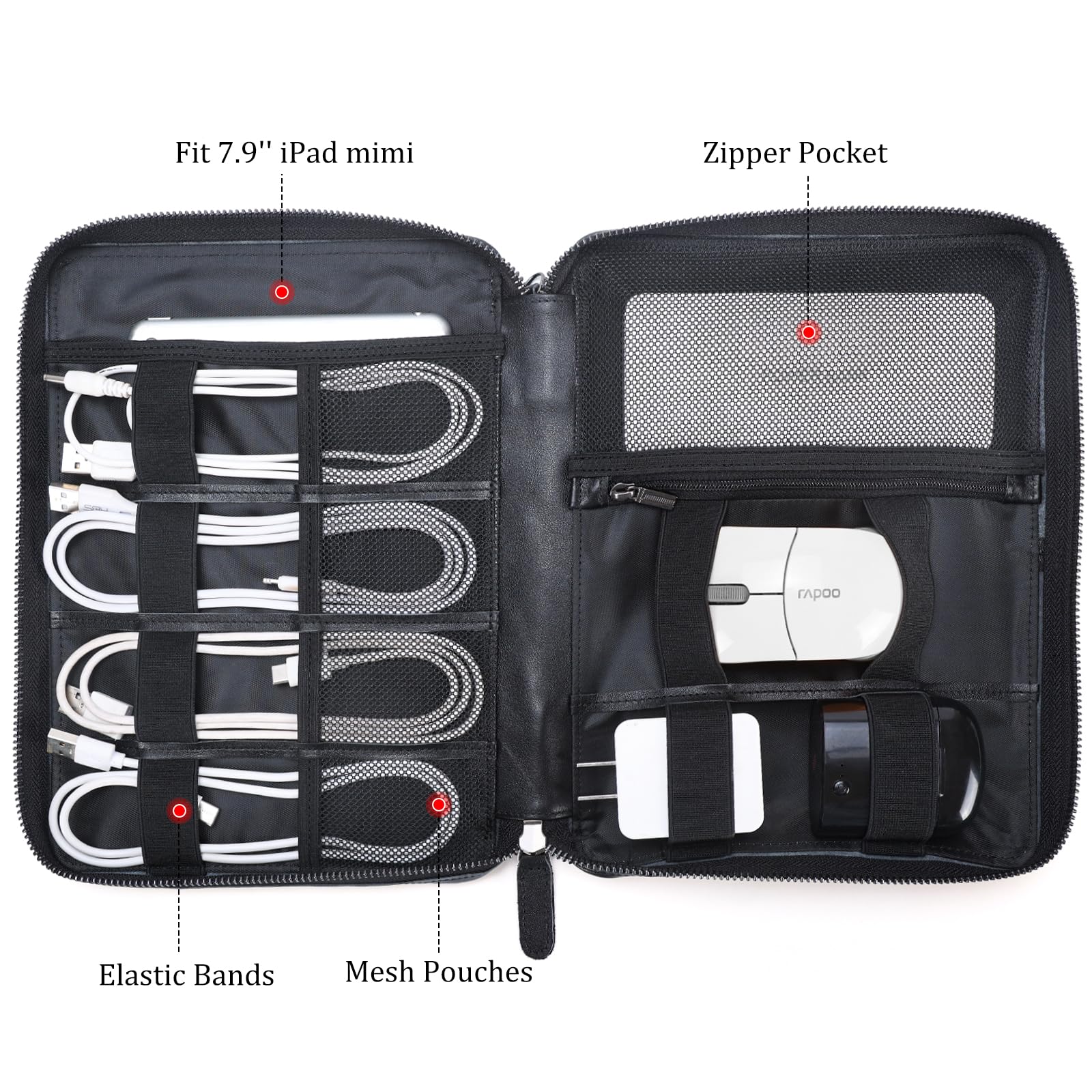 POLARE ORIGINAL Napa Leather Travel Electronics Cable Organizer Case Black