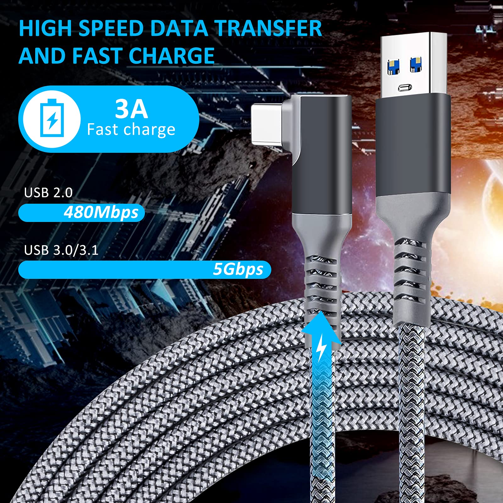 TOTU Oculus Quest 2 Link Cable - 16FT USB 3.2 Gen 1, High-Speed Data Transfer, Fast Charging, Grey, Model 1