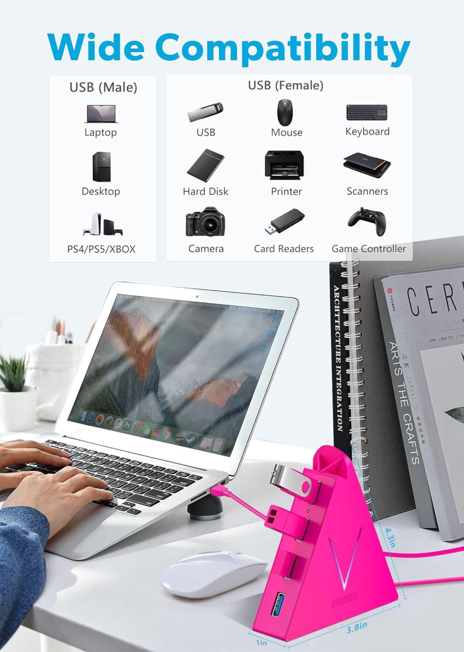 Usb Hub 3.0, Joyreken 4 Port Usb Splitter For Laptop, Ps4 Keyboard And Mouse Adapter Compatible With Xbox, Pc, Macbook, Surface Pro, Flash Drive, Hdd, Console, Printer, Camera,Keyborad,Mouse, Hot Pink