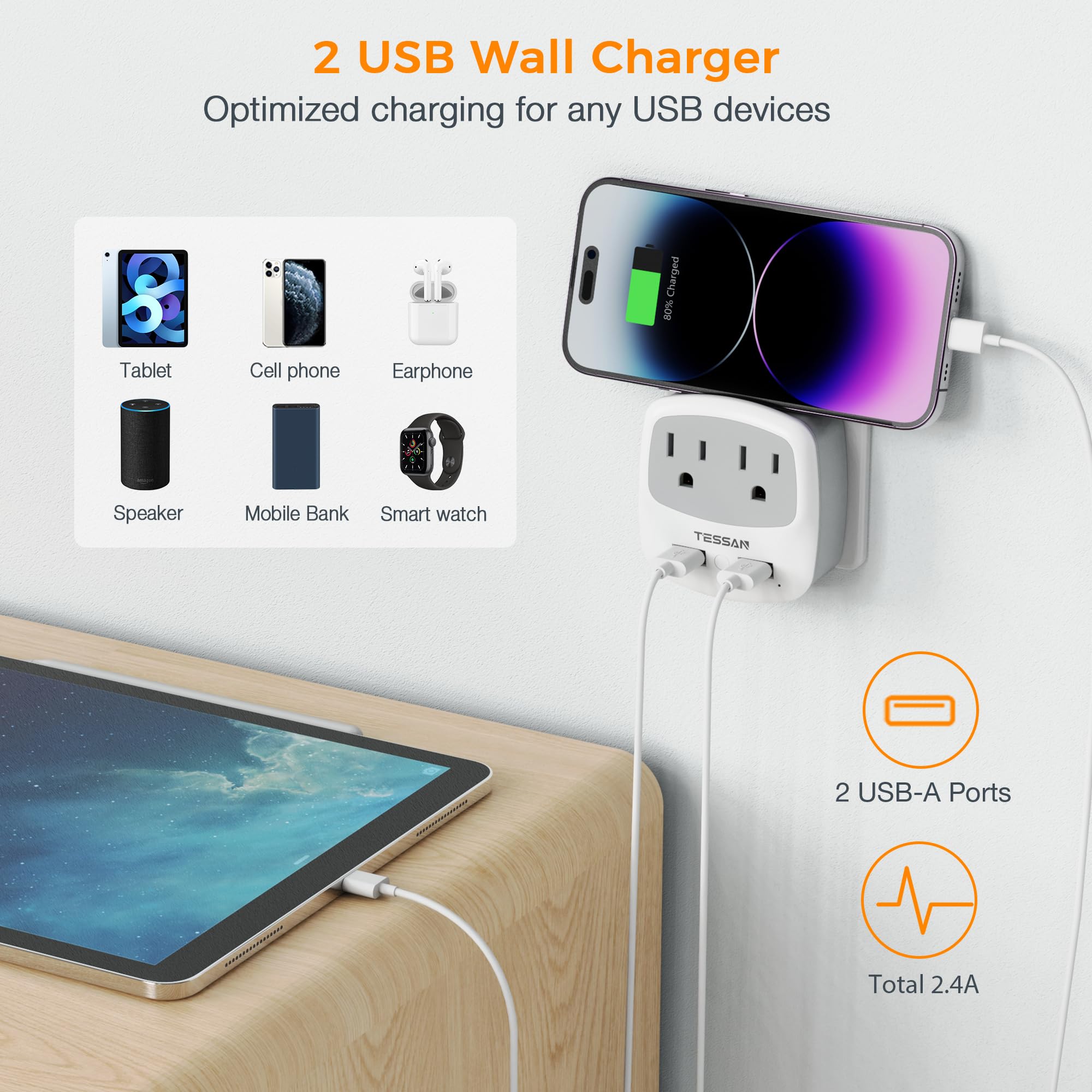 Tessan Us To India Plug Adapter, Type D Travel Adaptor With 2 Usb Charger Ports 2 American Outlets, Usa To Indian Power Converte