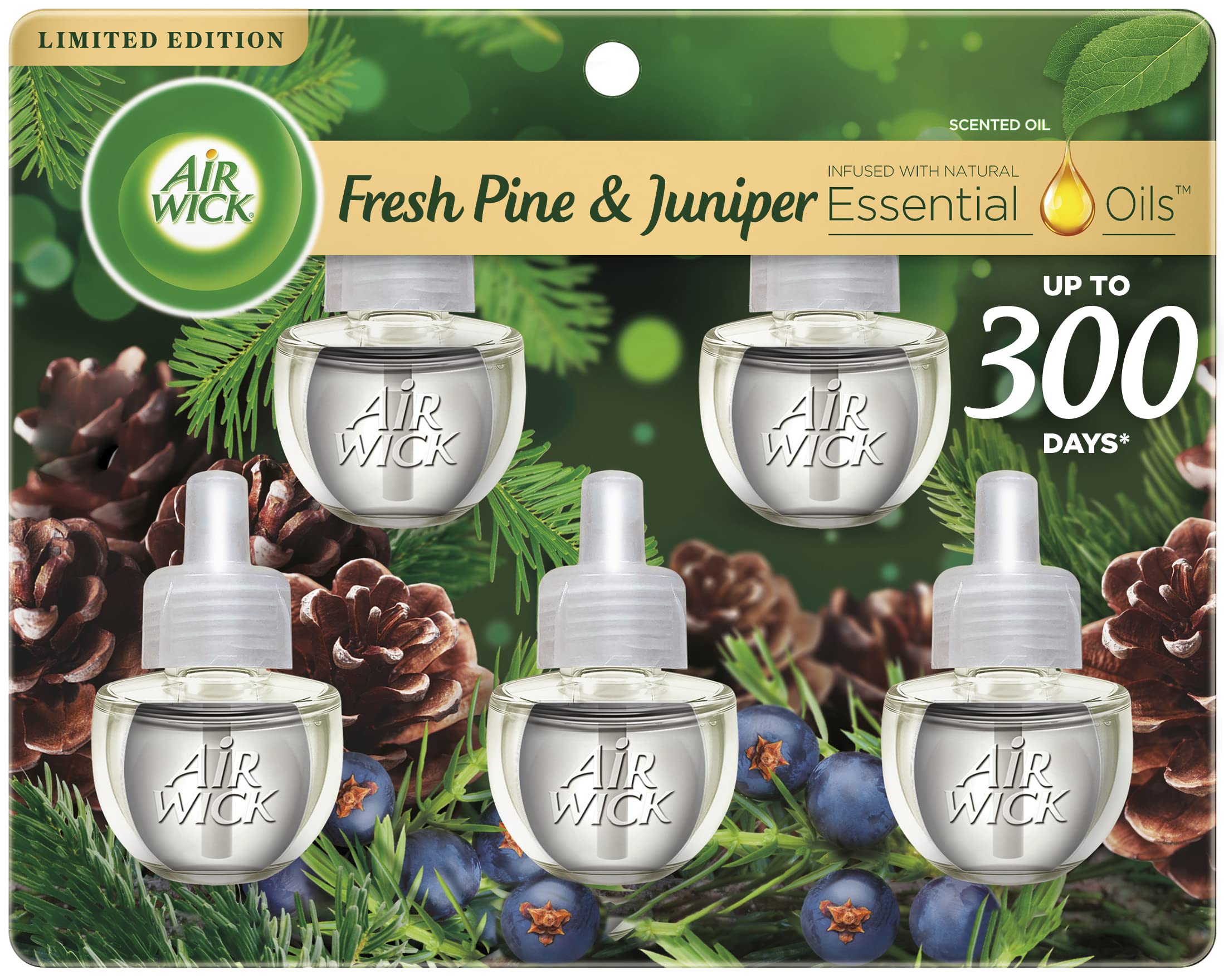 Air Wick Plug In Scented Oil Refill, 5 Ct, Fresh Pine And Juniper, Air Freshener, Essential Oils, Fall Scent, Fall Decor