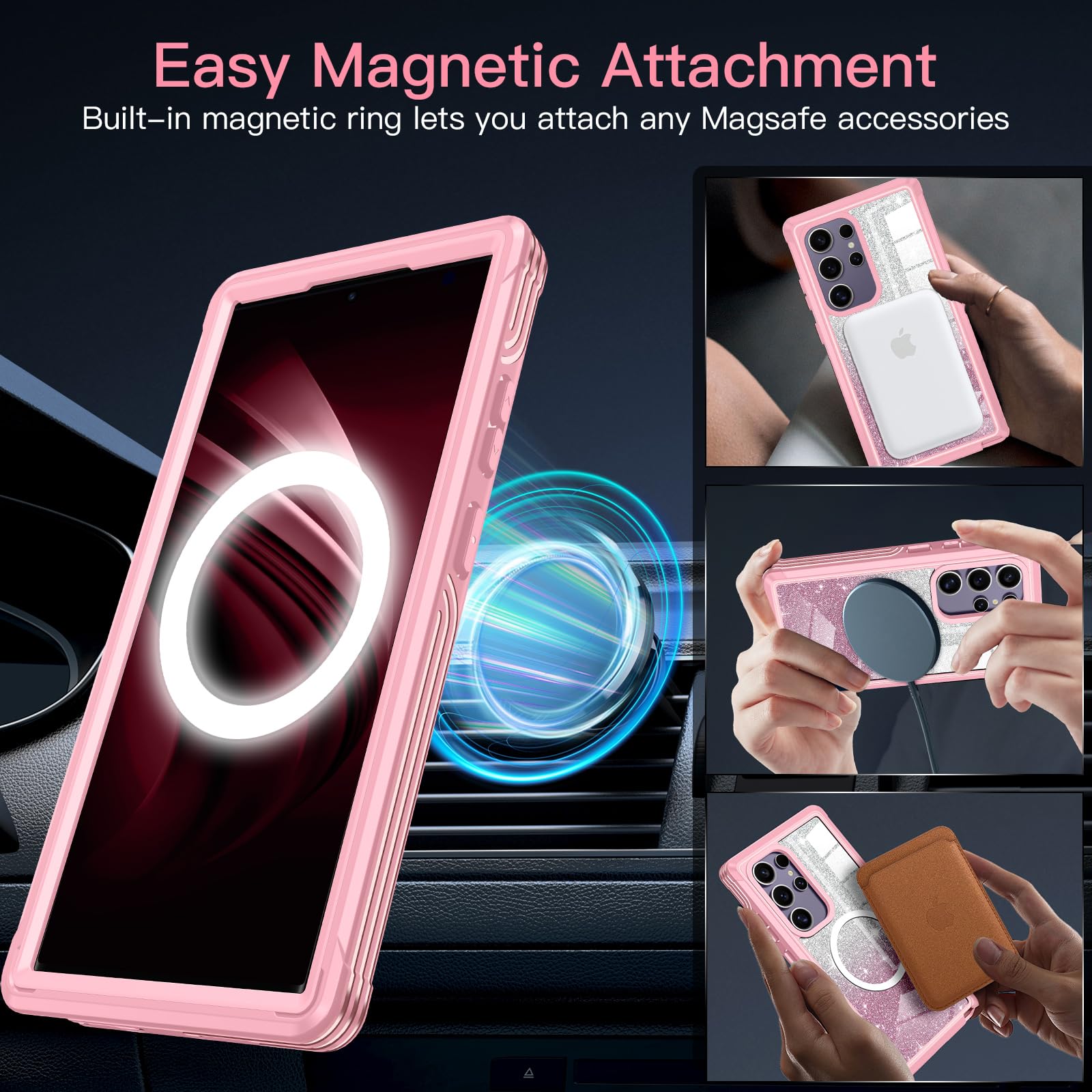 Hensione For Galaxy S24 Ultra Case,Compatible With Magsafe,Magnetic Glitter Case Built-In 9H Tempered Glass Screen Protector,Sho
